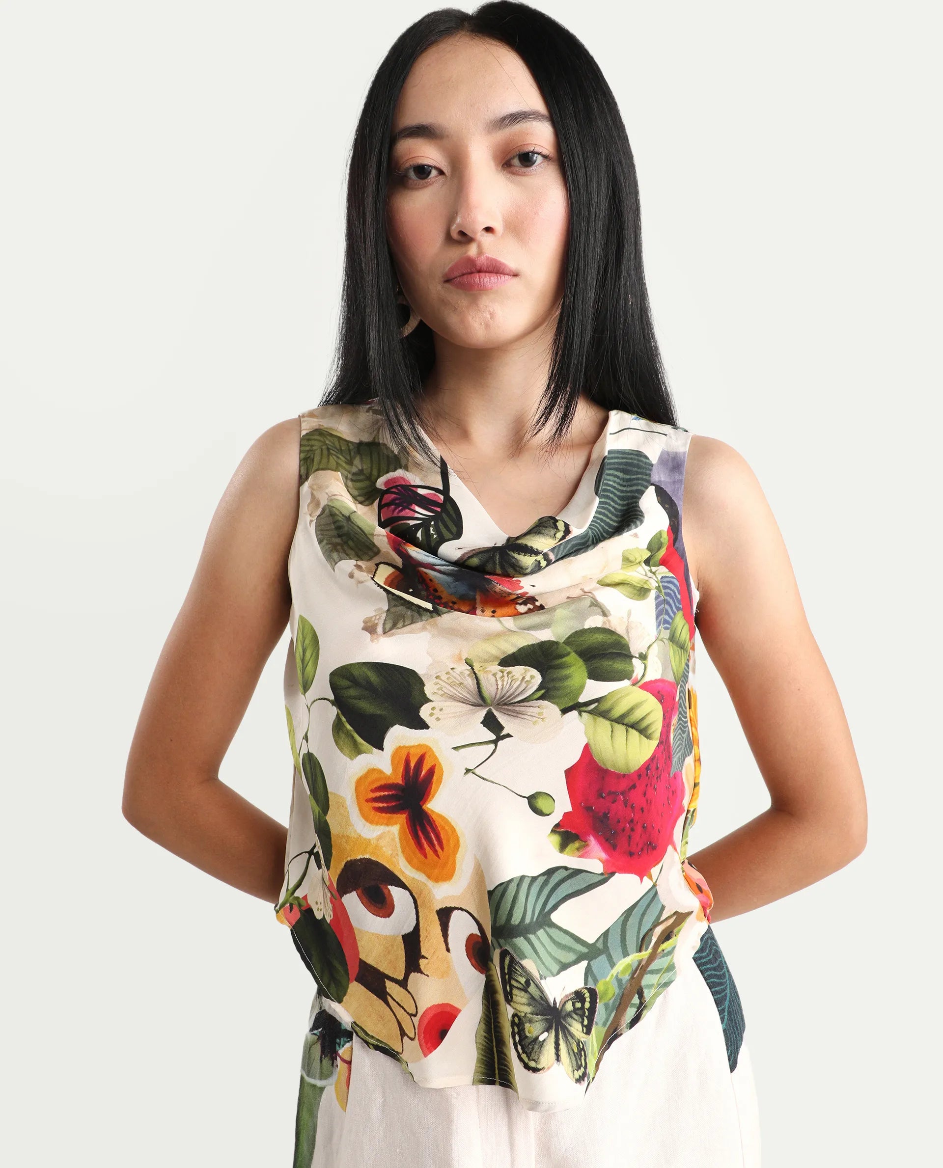 Rareism Women's Bizmar Off White Silk Sleeveless Regular Fit Abstract Print Top