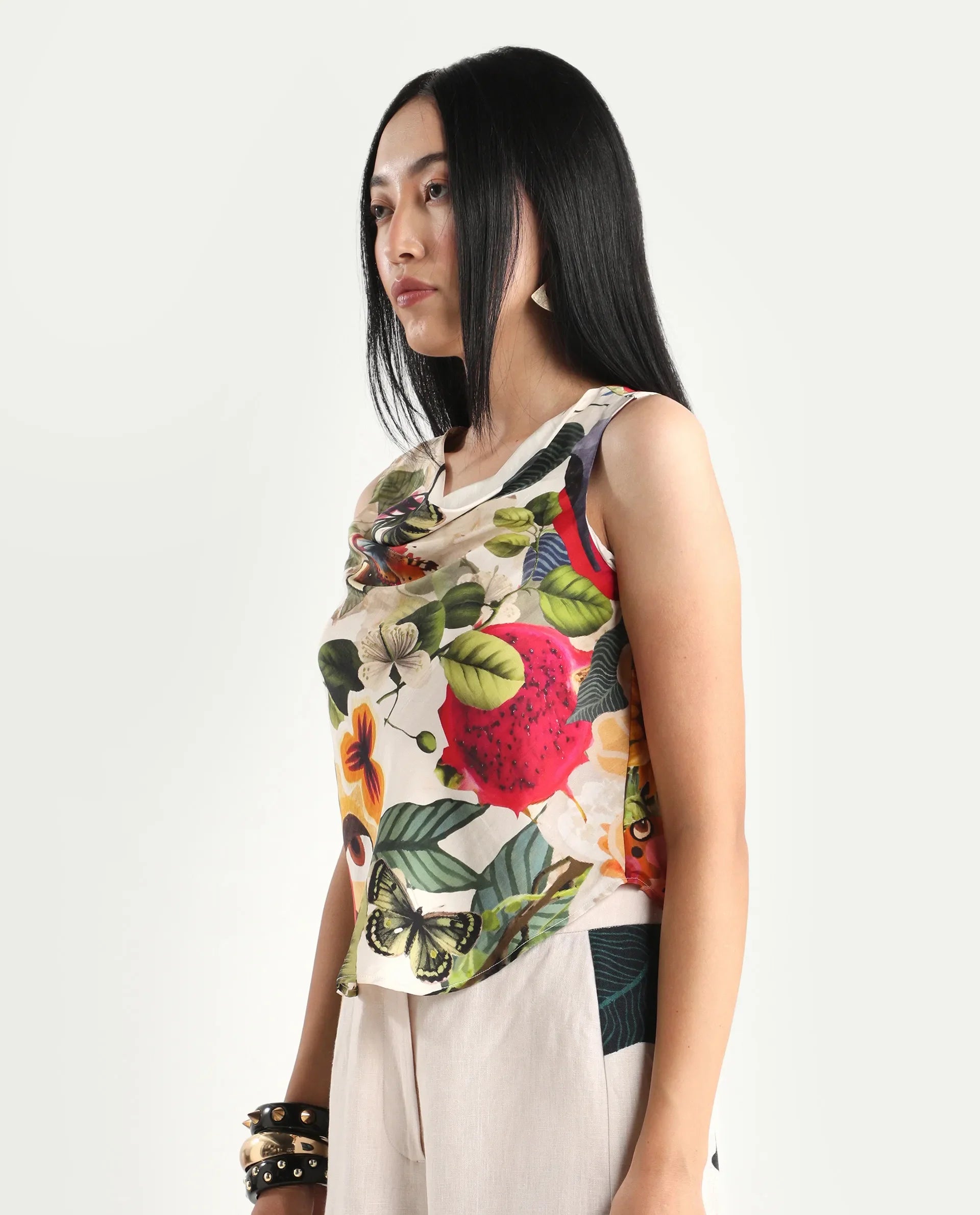 Rareism Women's Bizmar Off White Silk Sleeveless Regular Fit Abstract Print Top