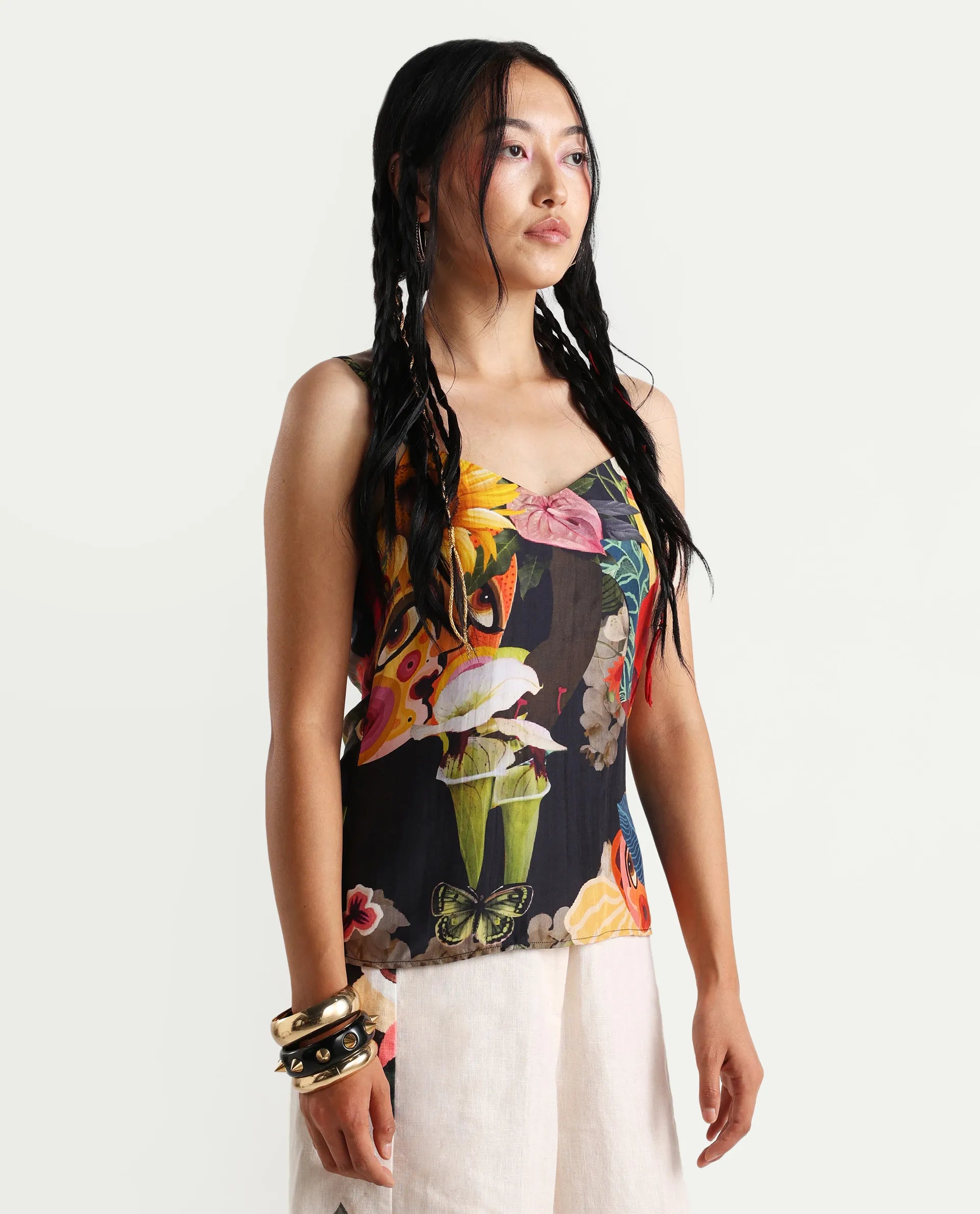 Rareism Women's Bizu-T Black Silk Sleeveless Regular Fit Abstract Print Top