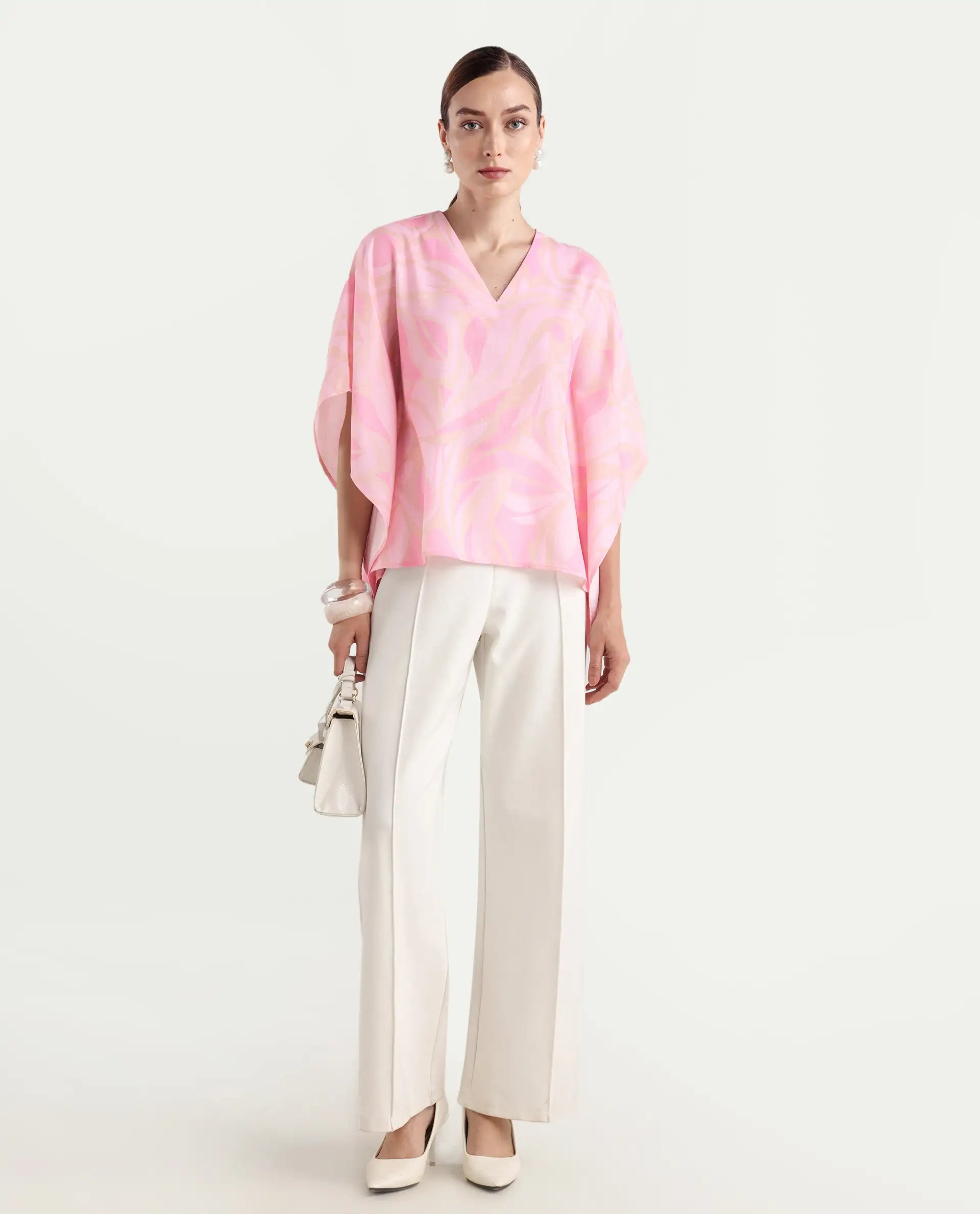 Rareism Women's Eleto Light Pink Polyester V-Neck Regular Fit Top