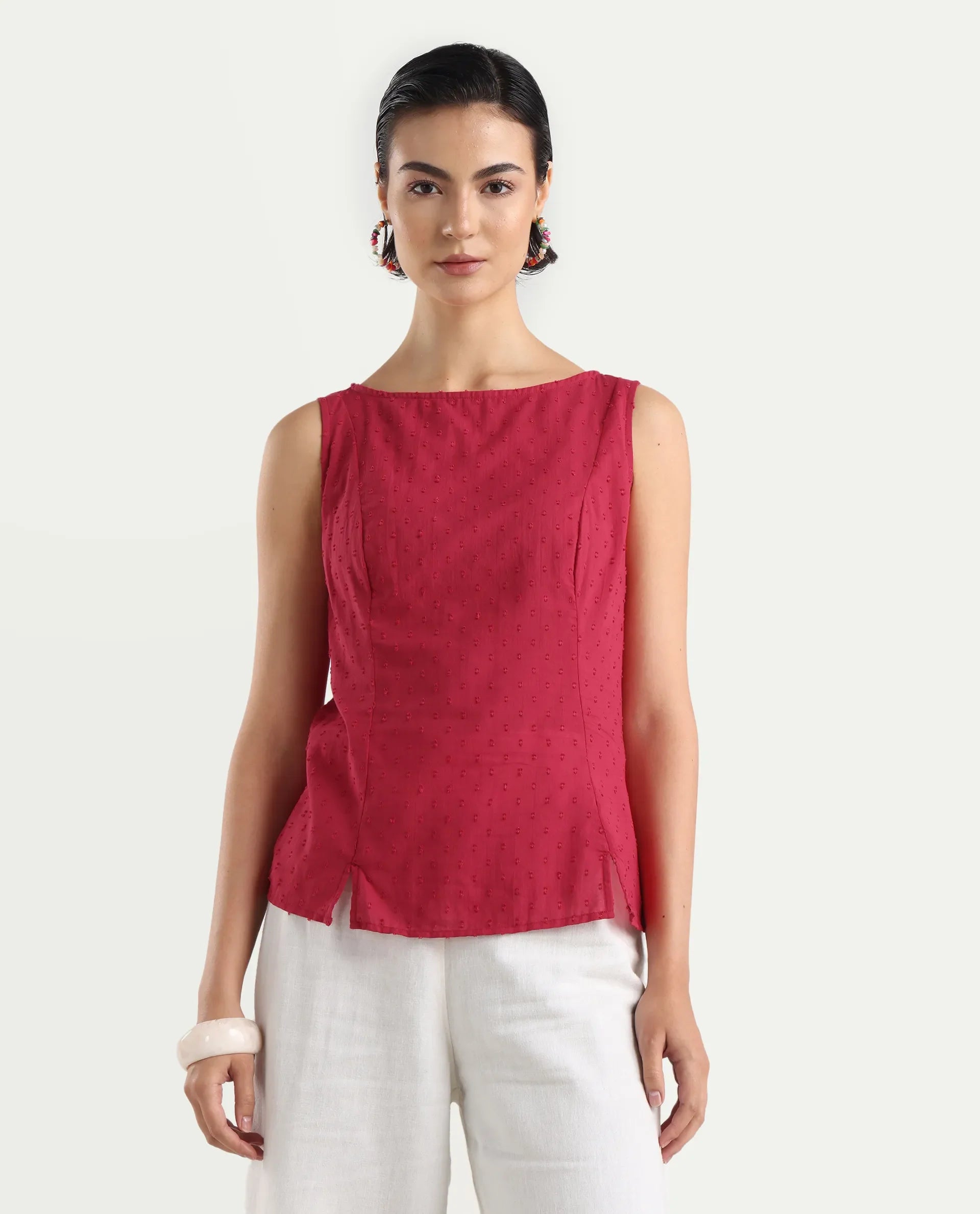 Rareism Women's Elsha Red Cotton Blend Boat Neck Regular Fit Plain Top