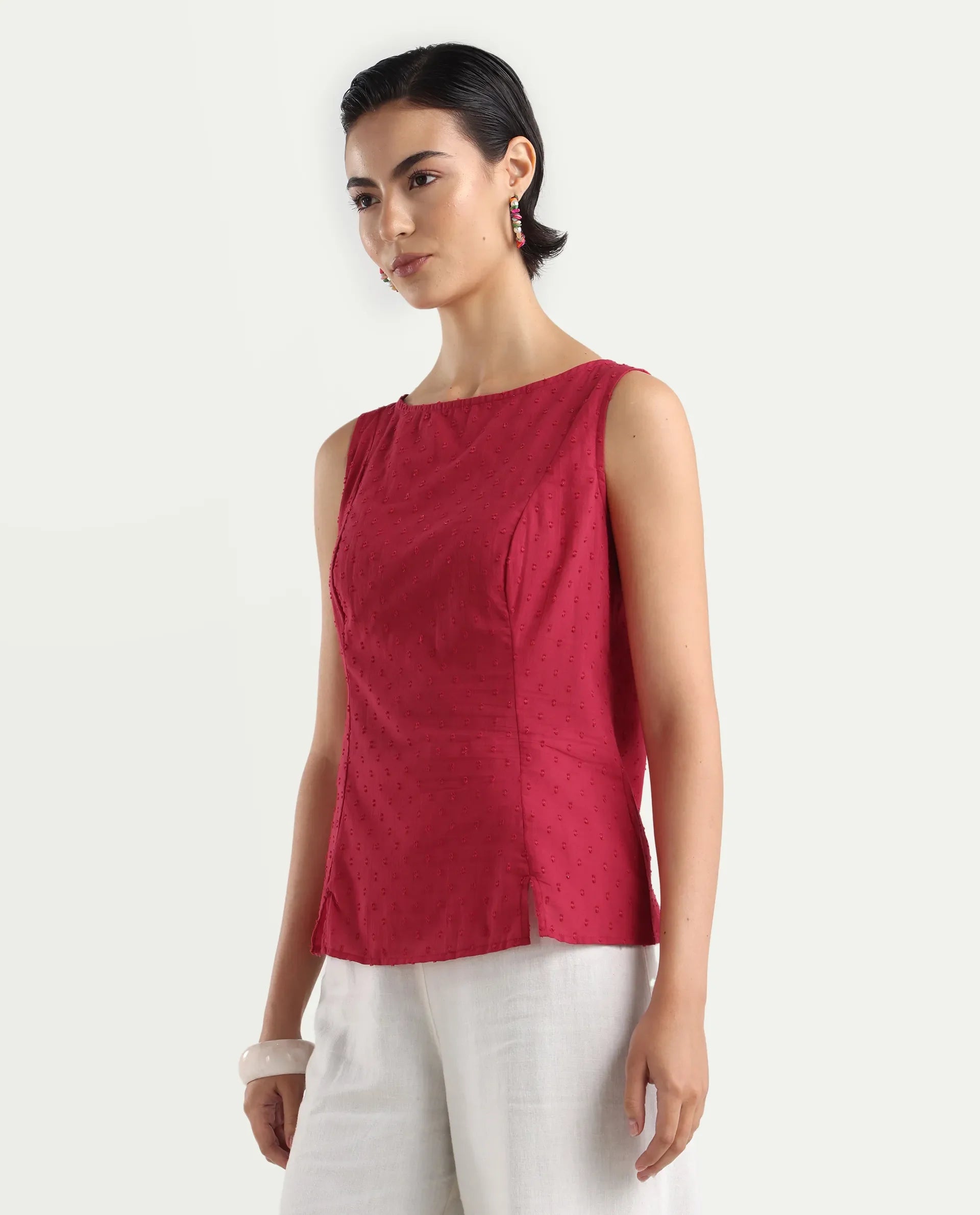 Rareism Women's Elsha Red Cotton Blend Boat Neck Regular Fit Plain Top