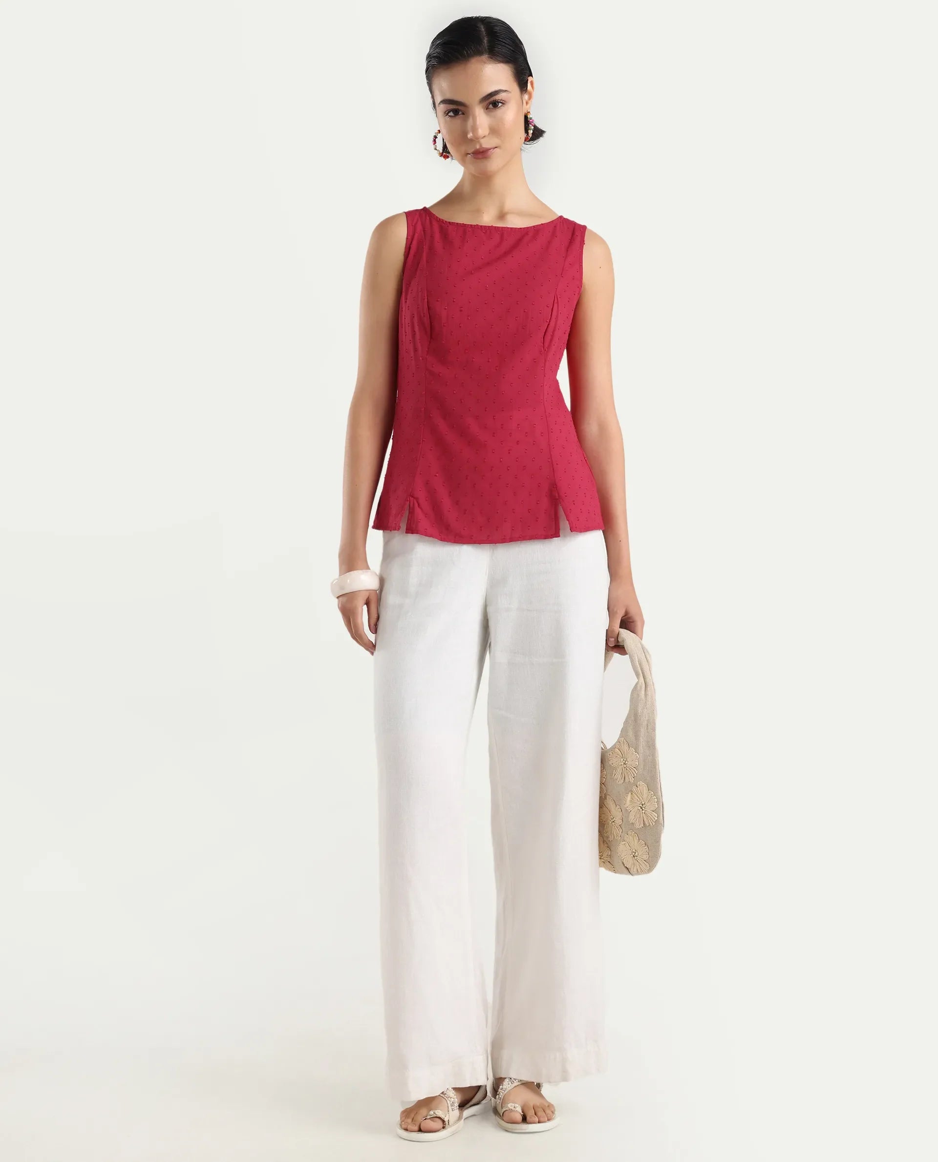 Rareism Women's Elsha Red Cotton Blend Boat Neck Regular Fit Plain Top