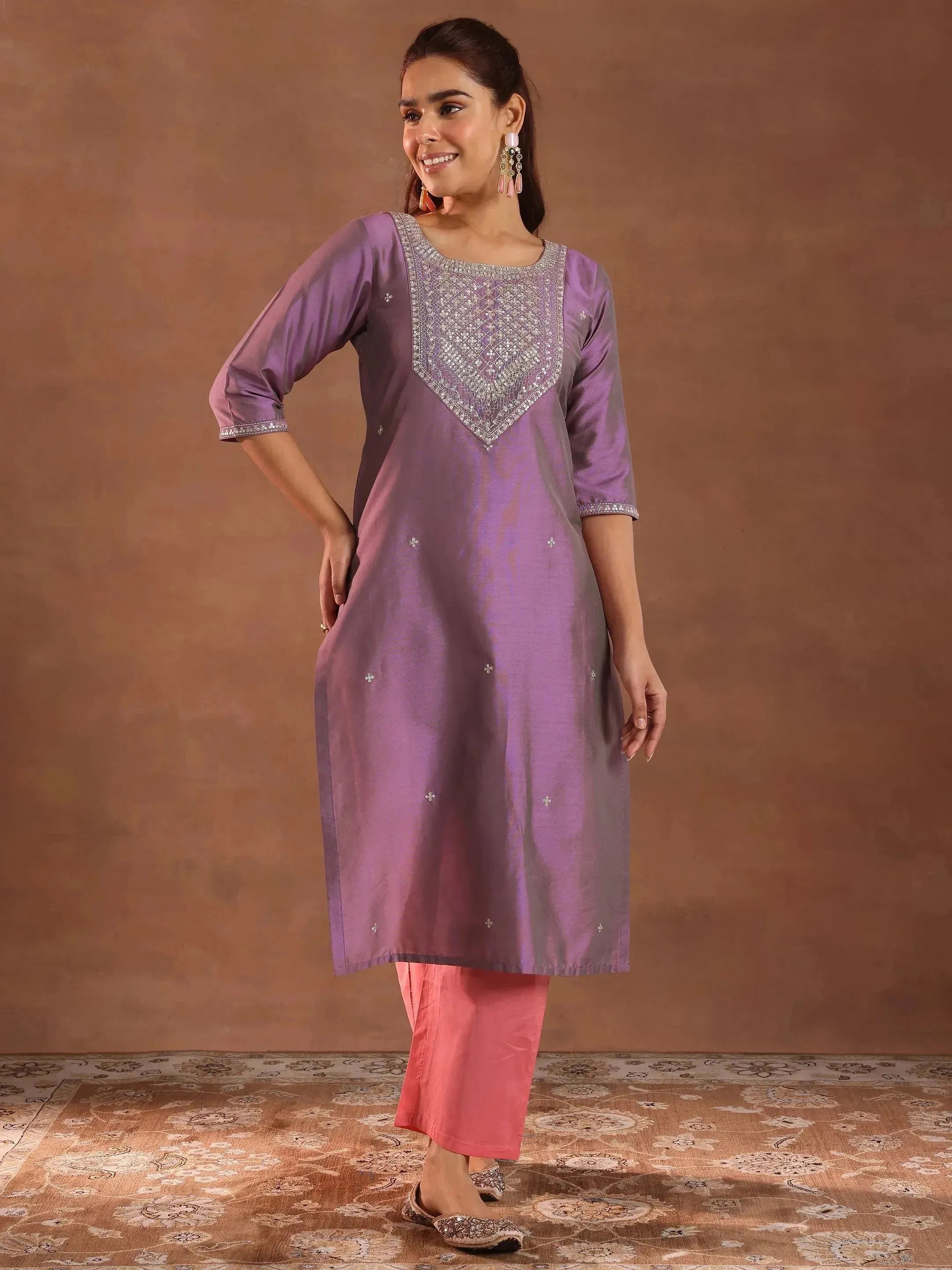 Purple Embroidered Silk Straight Kurta
