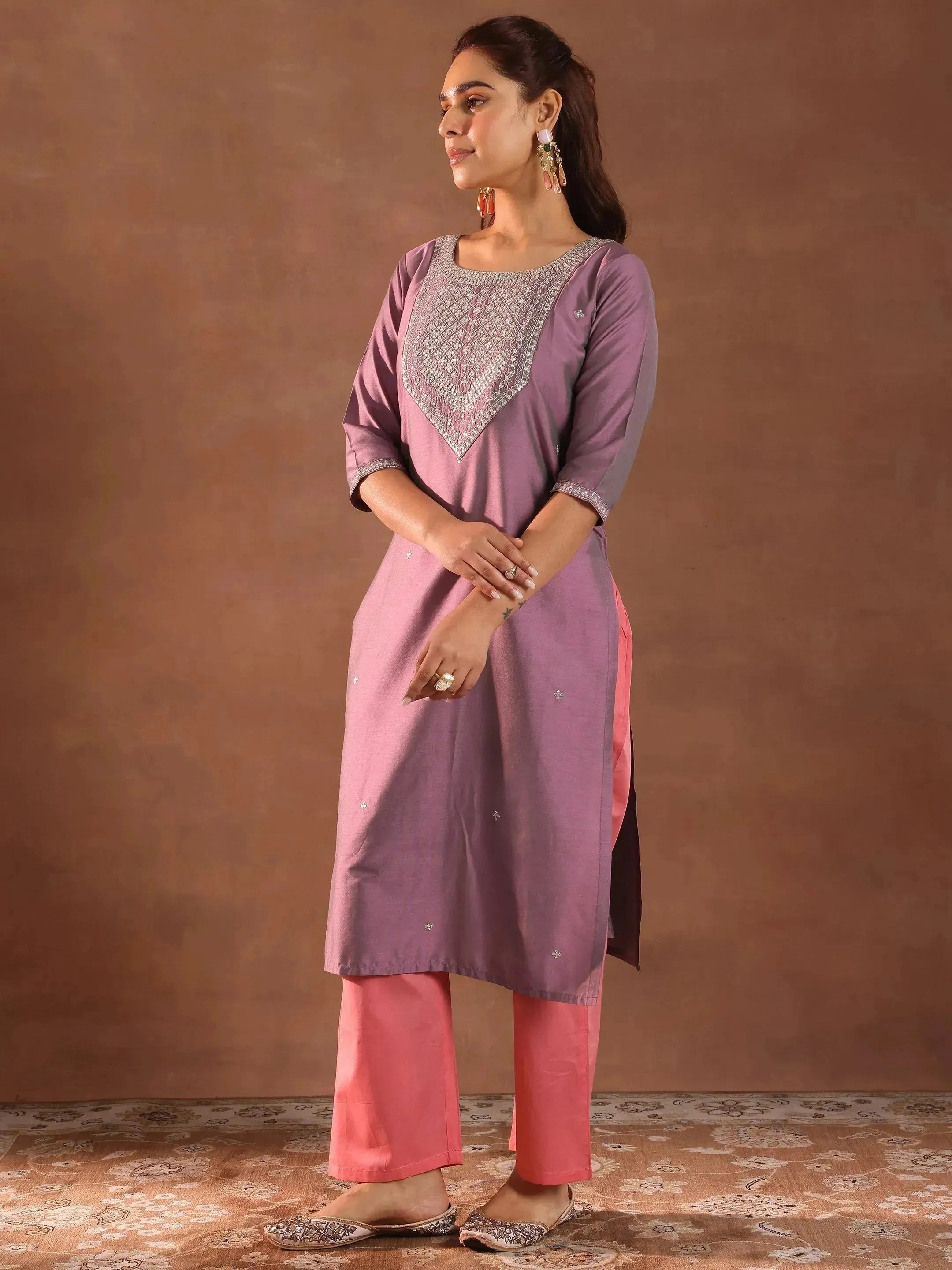 Purple Embroidered Silk Straight Kurta