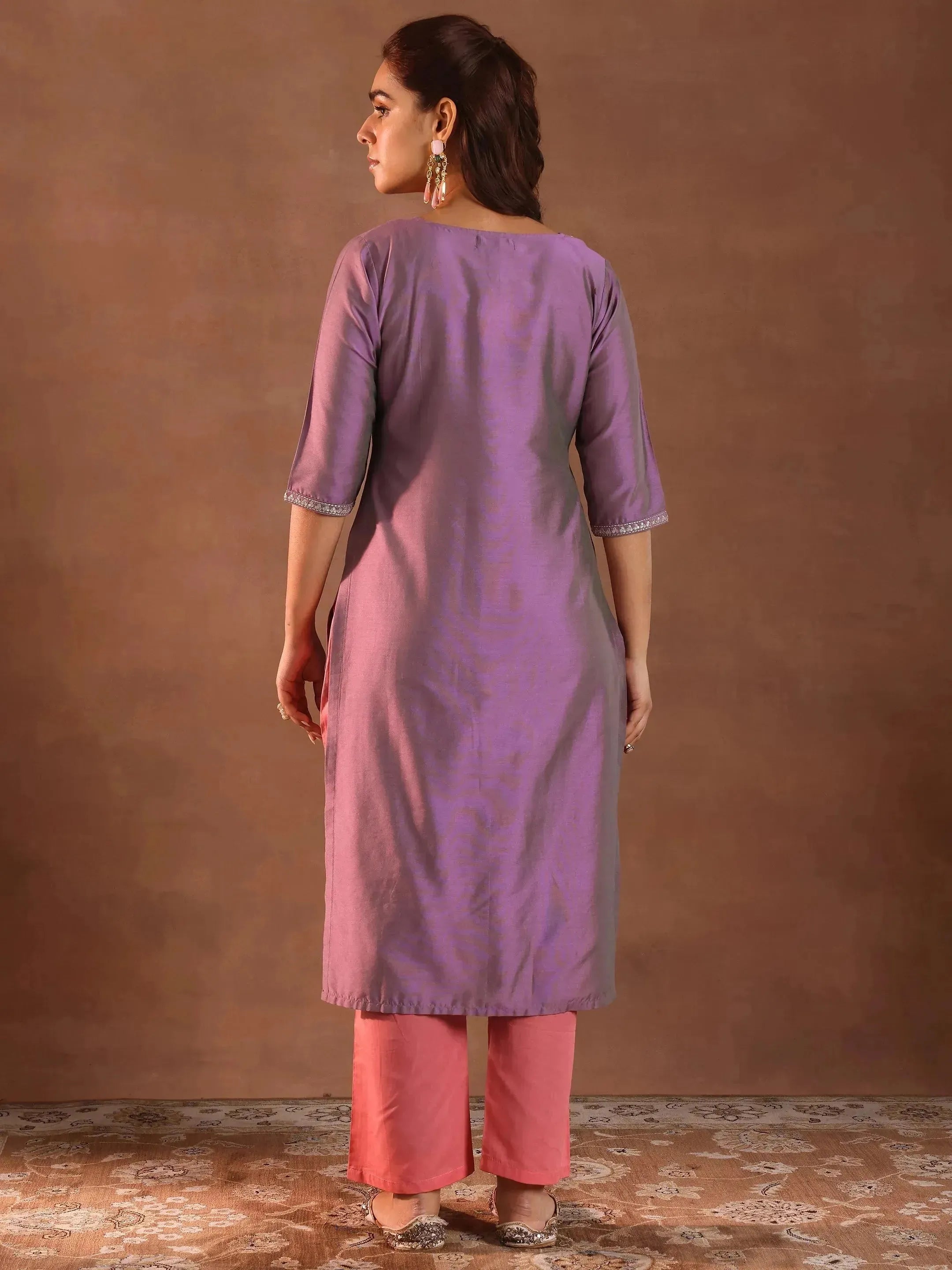 Purple Embroidered Silk Straight Kurta