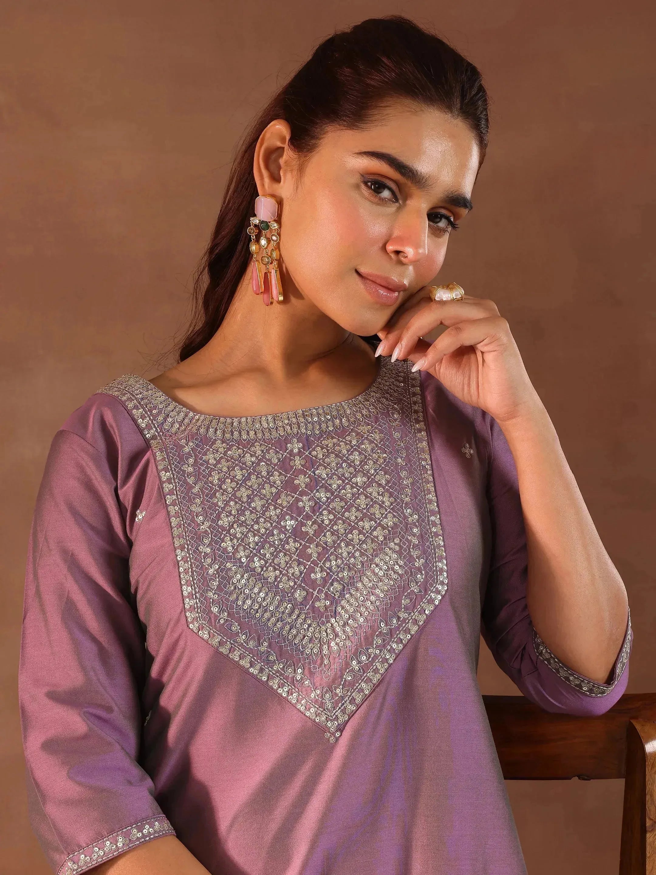 Purple Embroidered Silk Straight Kurta