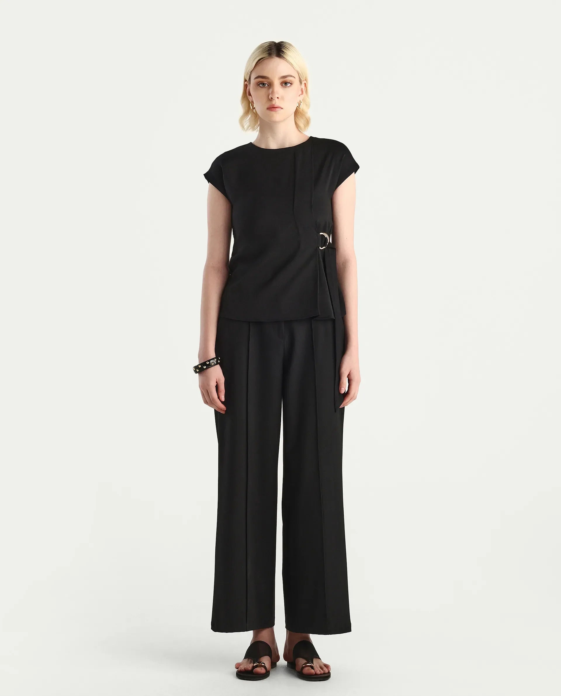 Rareism Women's Mardin Black Polyester Crew Neck Regular Fit Plain Top