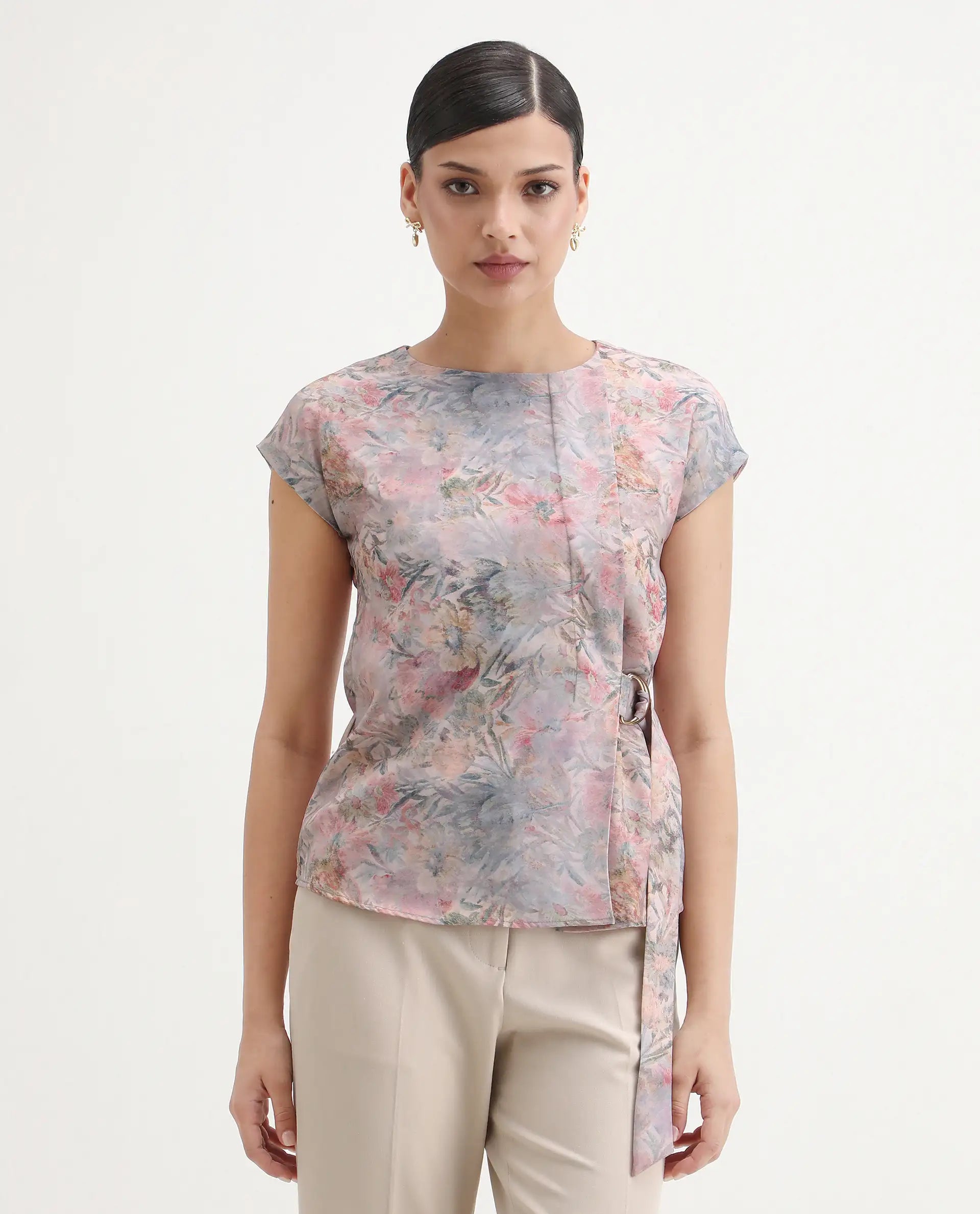 Rareism Women's Marsin Light Multi Polyester Crew Neck Regular Abstract Print Top