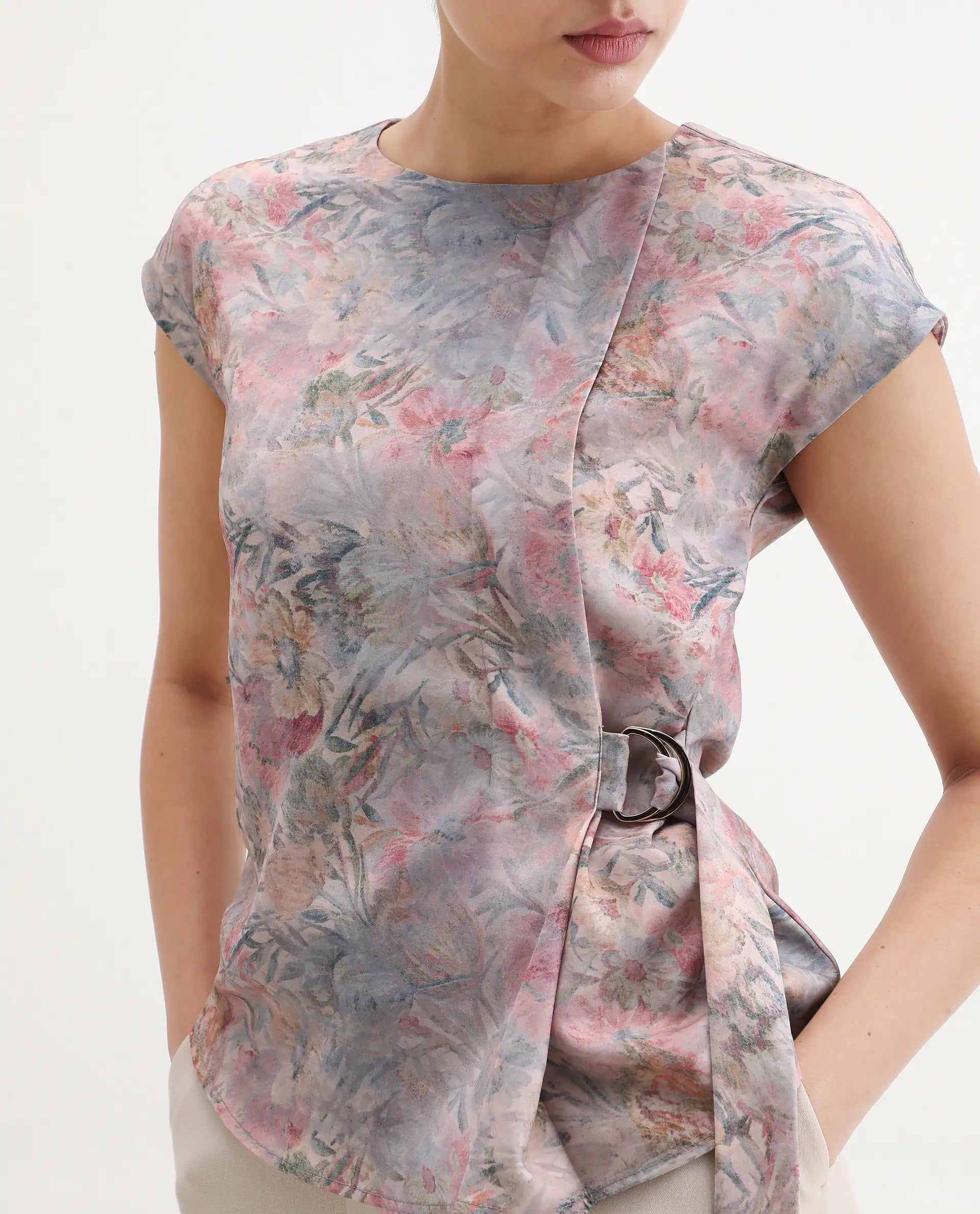 Rareism Women's Marsin Light Multi Polyester Crew Neck Regular Abstract Print Top