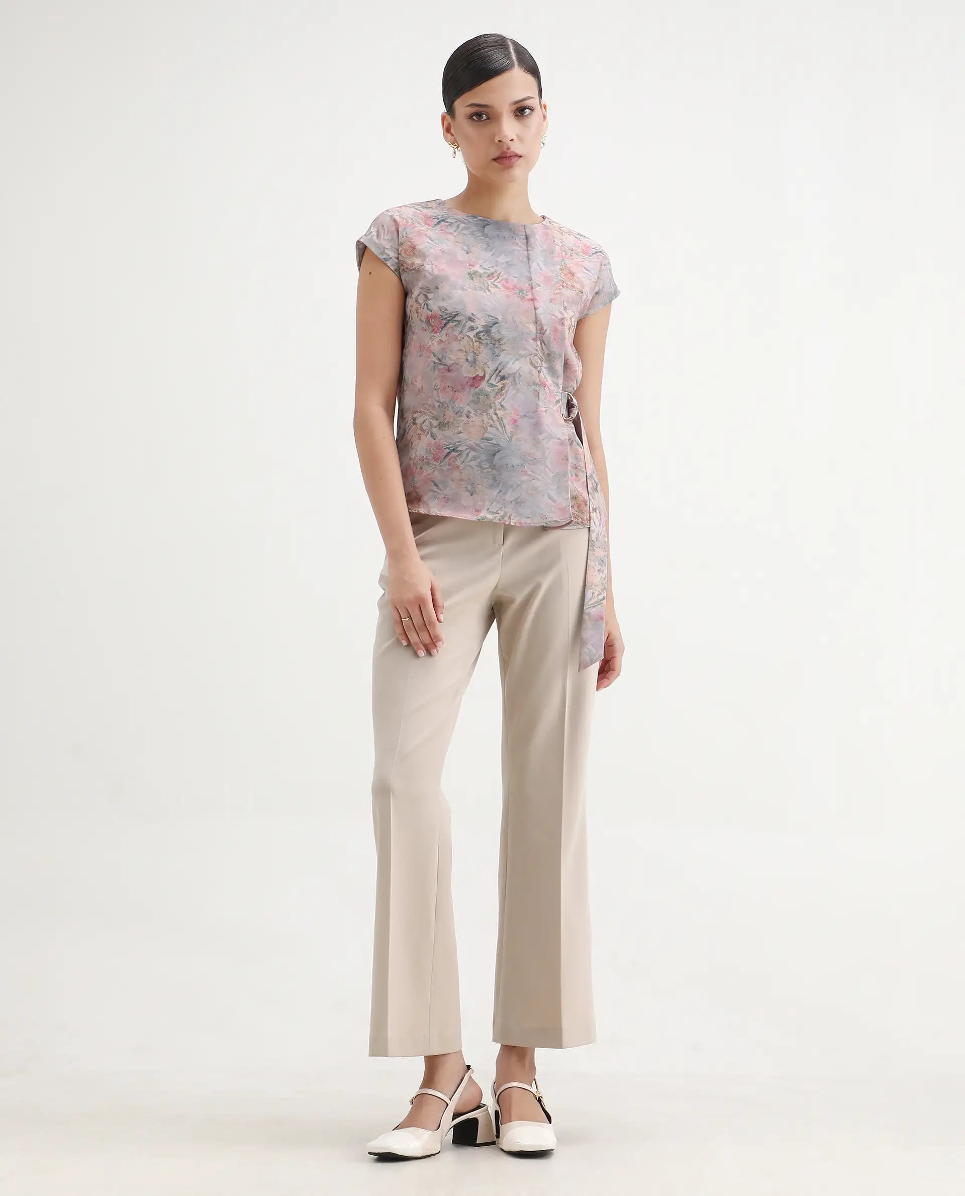 Rareism Women's Marsin Light Multi Polyester Crew Neck Regular Abstract Print Top