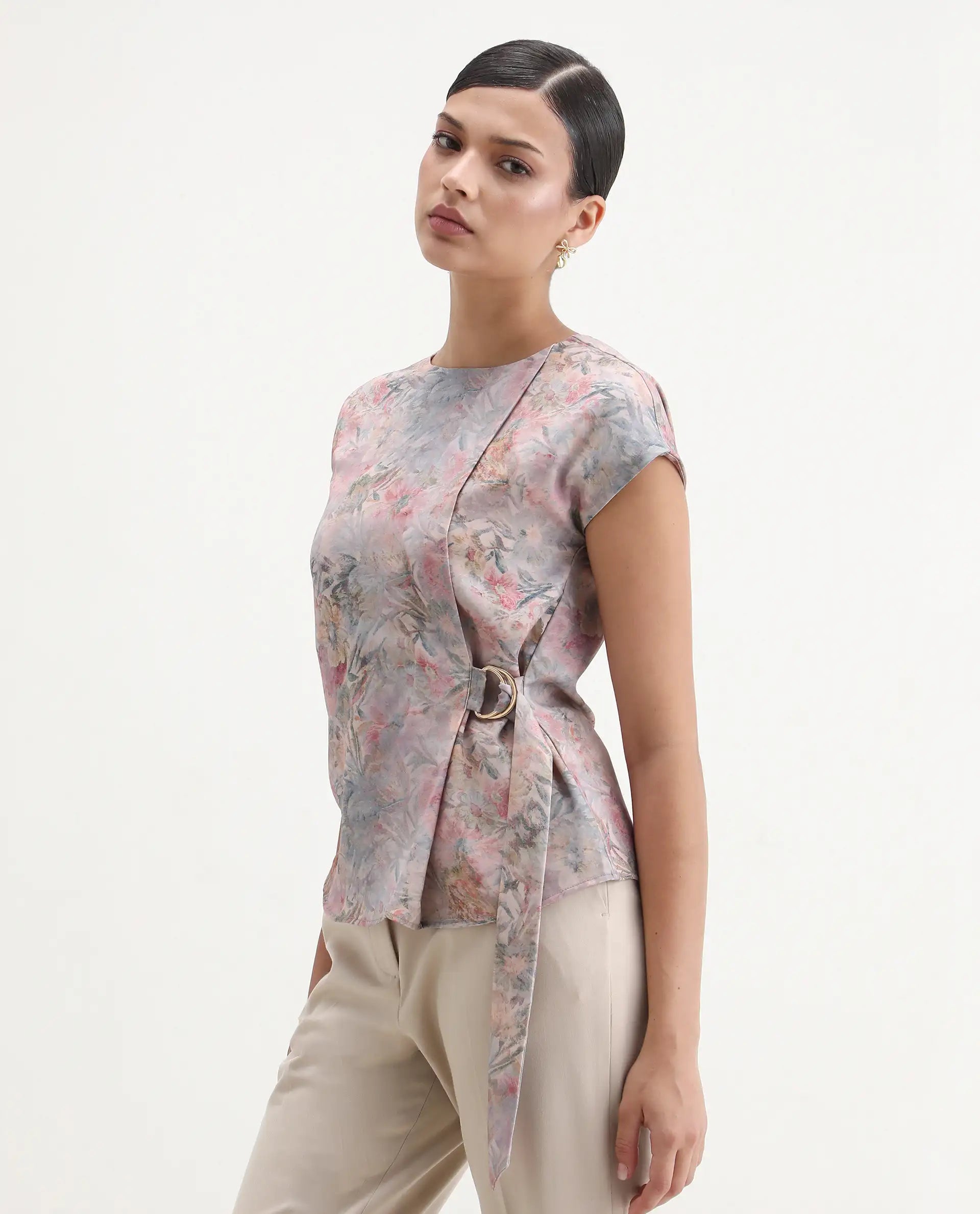 Rareism Women's Marsin Light Multi Polyester Crew Neck Regular Abstract Print Top