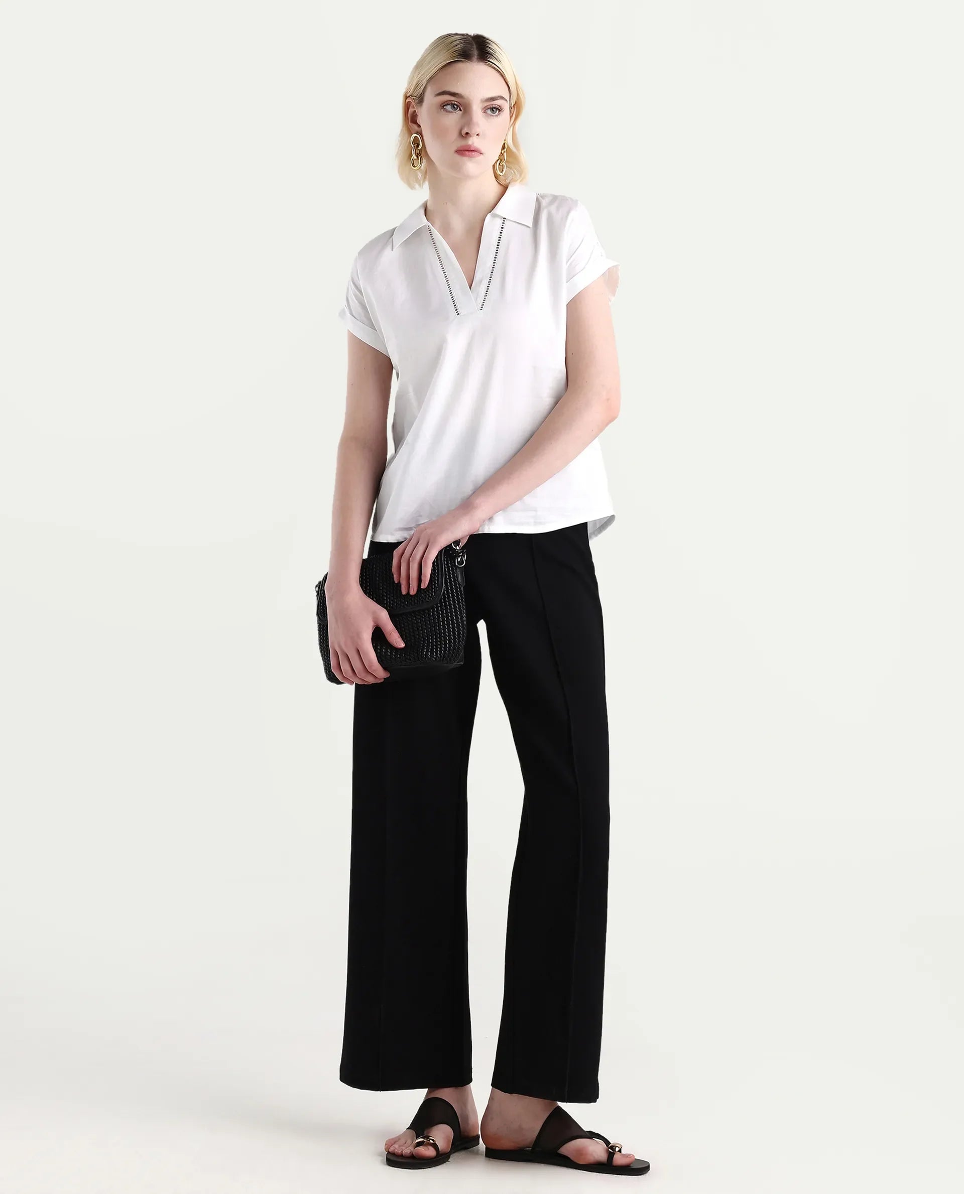 Rareism Women's Marlin White Cotton Jonny Collar Boxy Fit Top