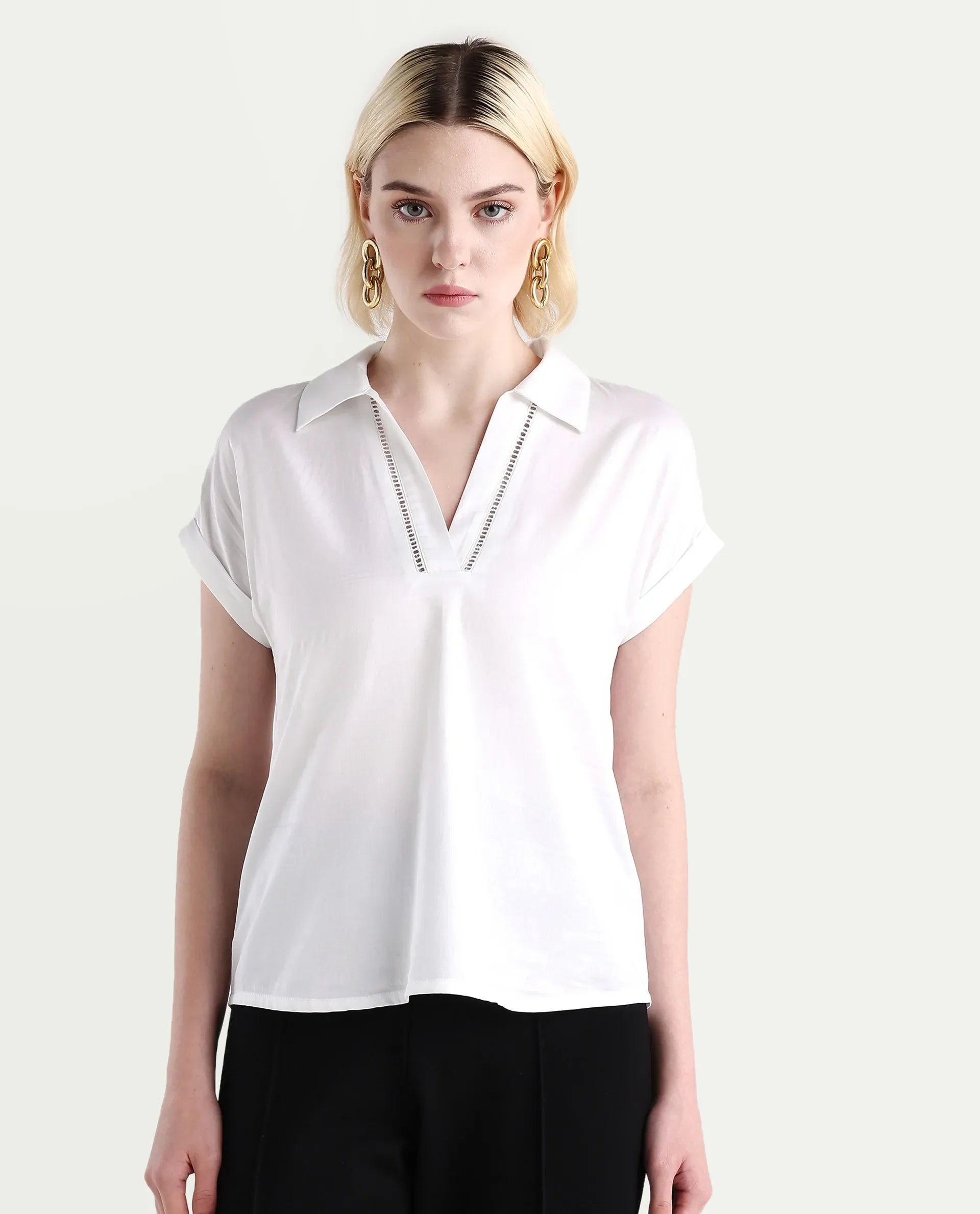 Rareism Women's Marlin White Cotton Jonny Collar Boxy Fit Top