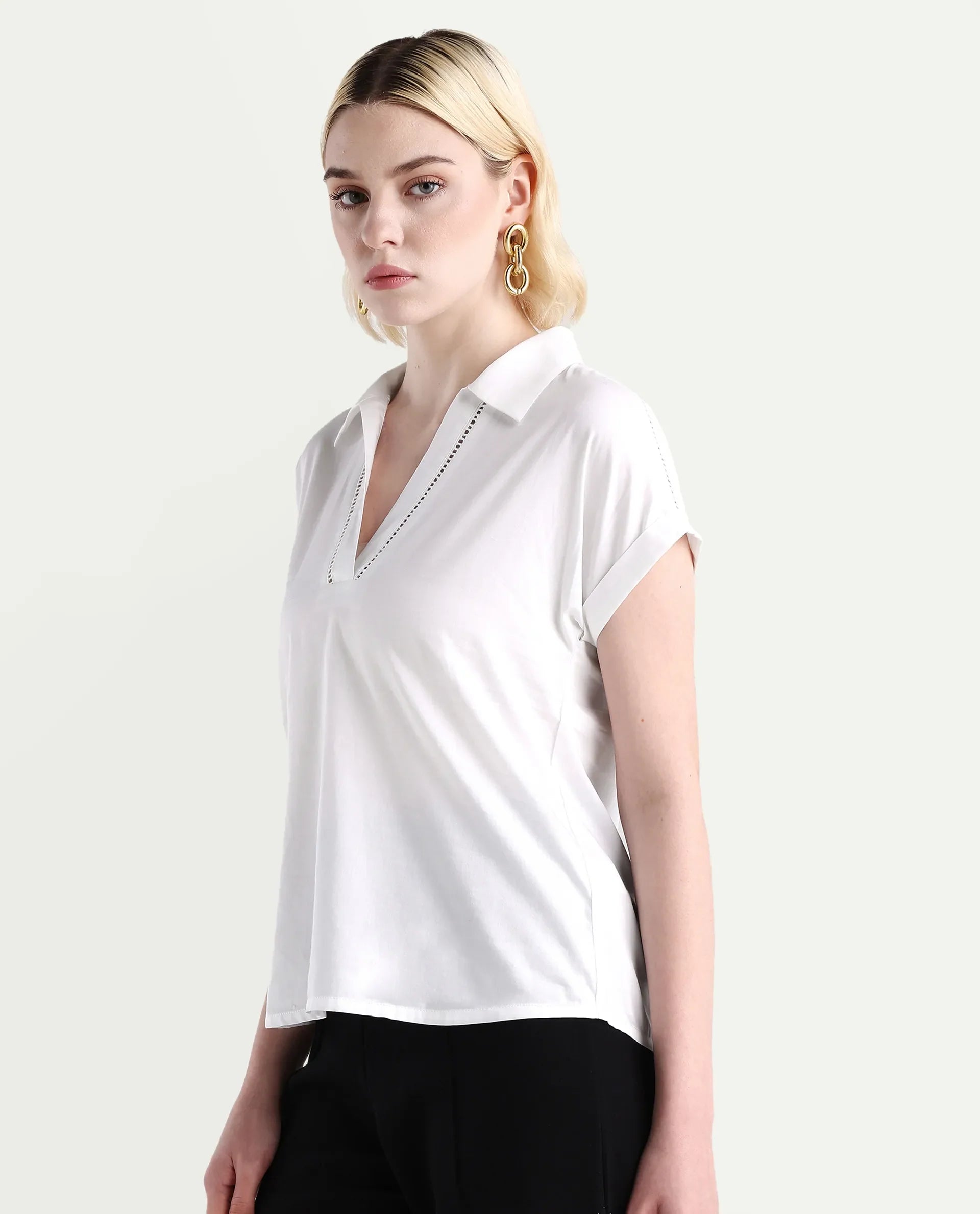 Rareism Women's Marlin White Cotton Jonny Collar Boxy Fit Top