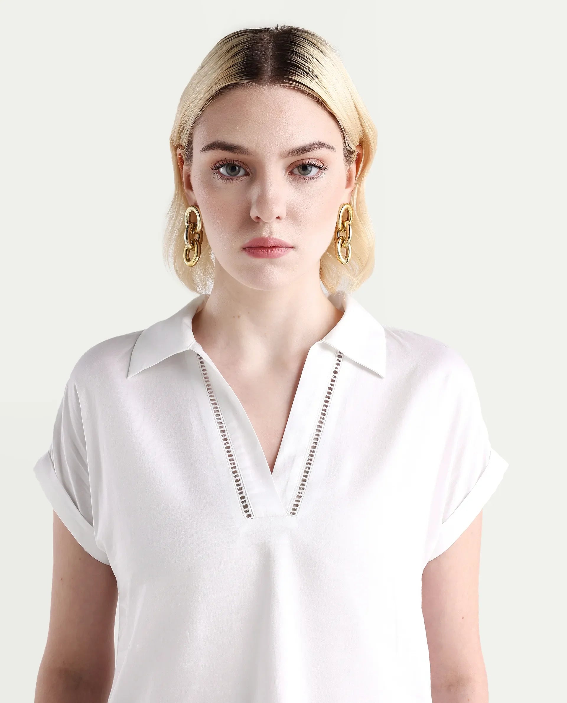 Rareism Women's Marlin White Cotton Jonny Collar Boxy Fit Top