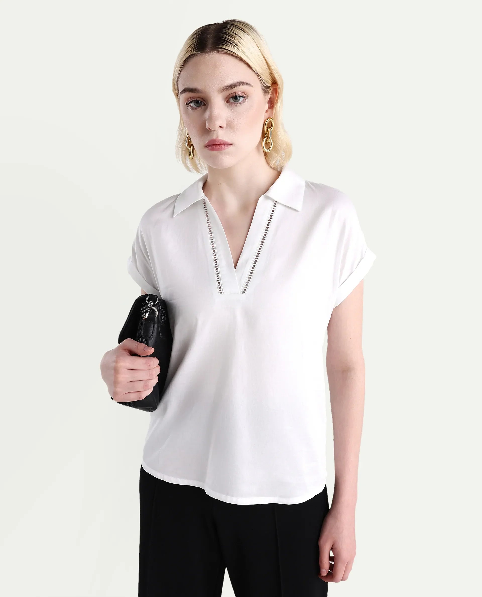 Rareism Women's Marlin White Cotton Jonny Collar Boxy Fit Top