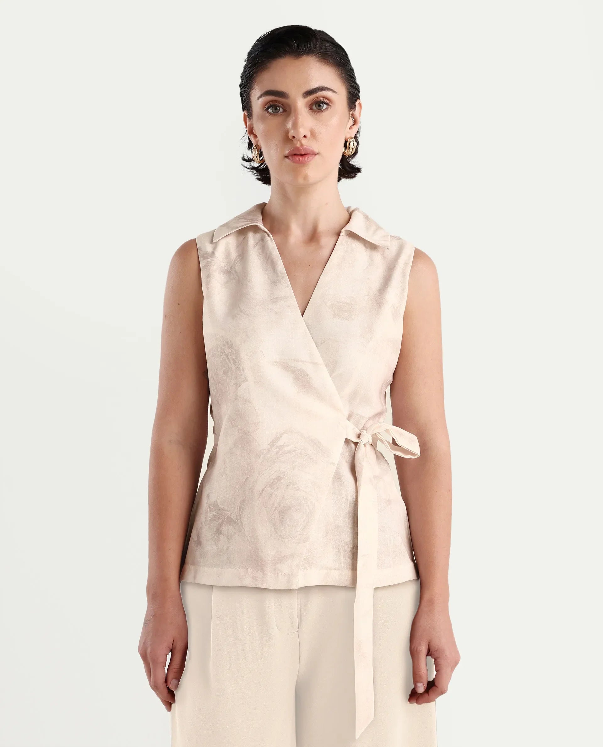 Rareism Women's Marlopo Light Beige Polyester Jonny Collar Fitted Top