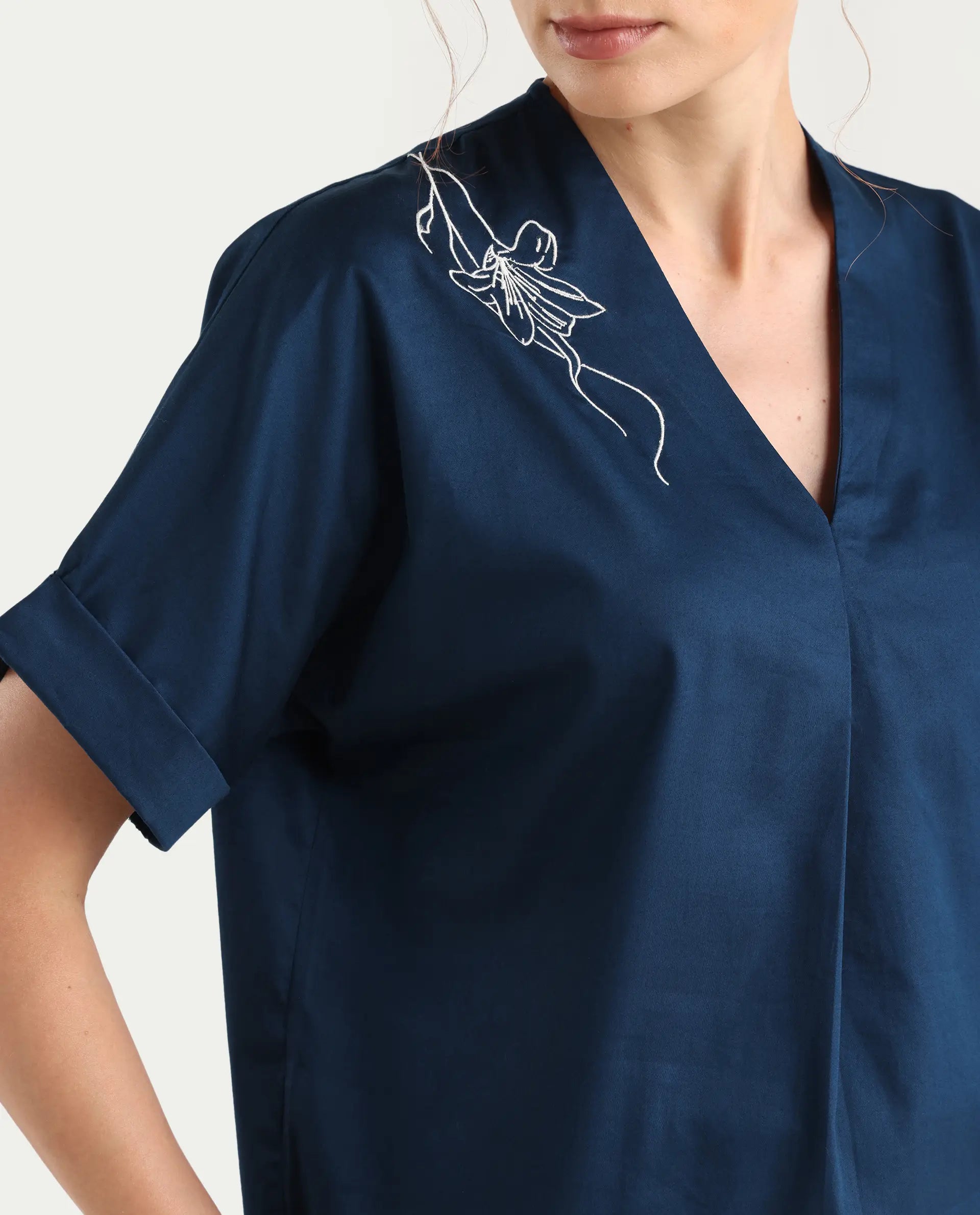 Rareism Women's Mars Blue Cotton V-Neck Boxy Fit Top