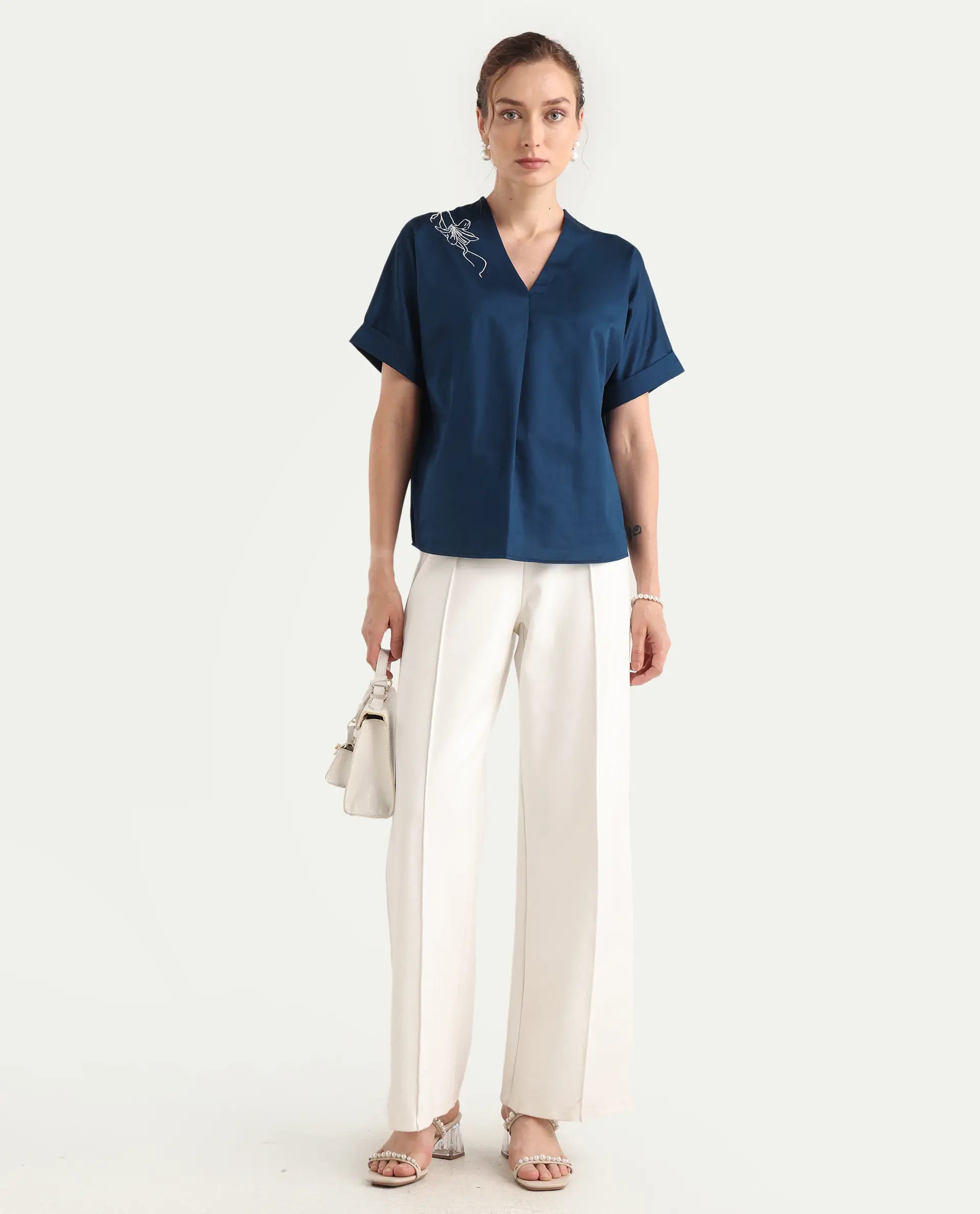 Rareism Women's Mars Blue Cotton V-Neck Boxy Fit Top