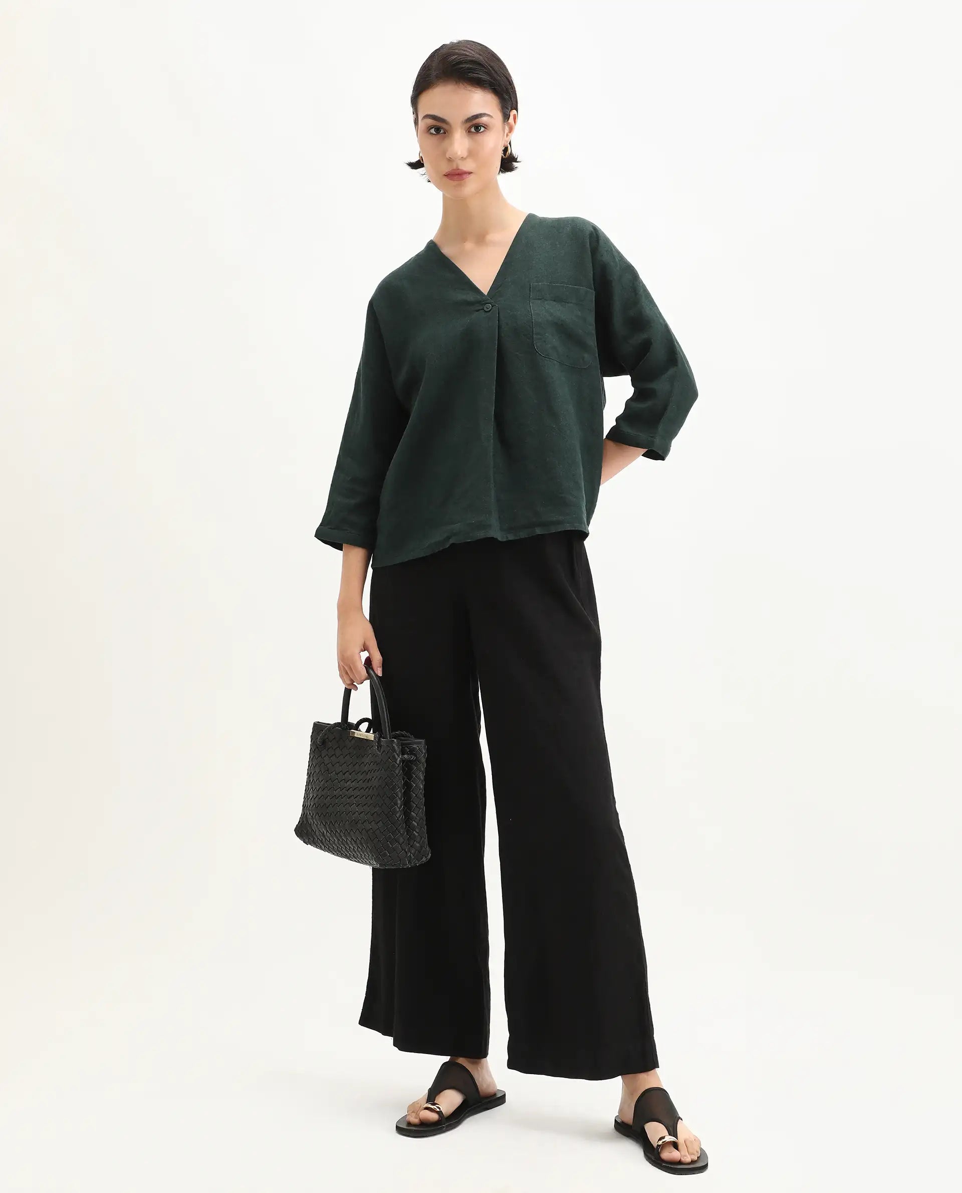 Rareism Women's Nenma Dark Green Linen Kimono Sleeve V-Neck Relaxed Fit Plain Top