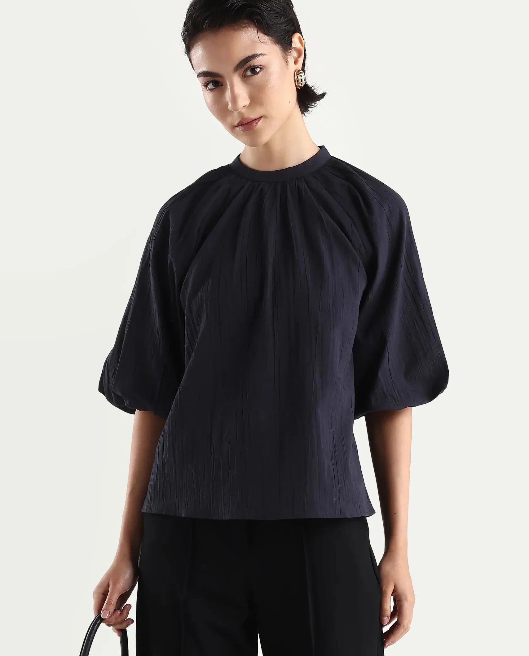 Rareism Women'S Nuxo Black Nylon Blend Half Sleeve Mandarin Collar Relaxed Fit Top