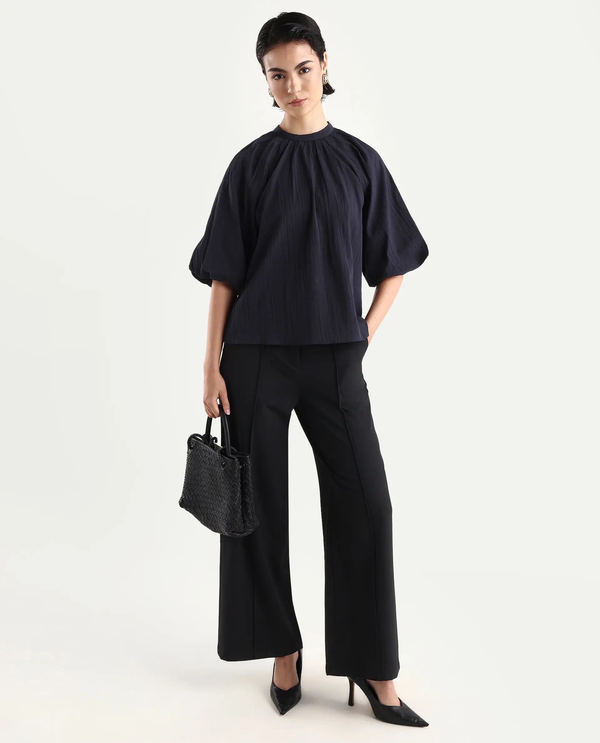 Rareism Women'S Nuxo Black Nylon Blend Half Sleeve Mandarin Collar Relaxed Fit Top