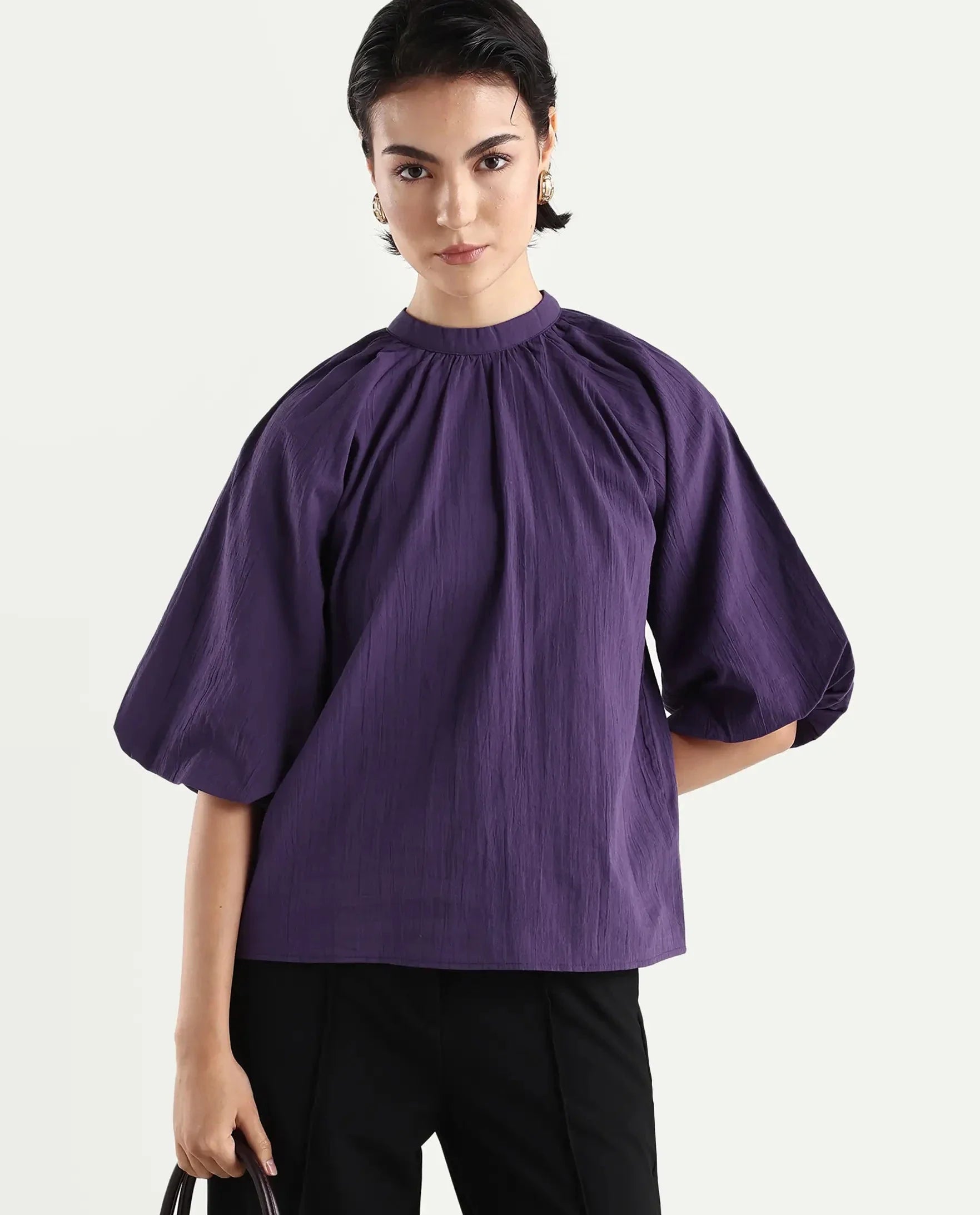 Rareism Women'S Nuxo Purple Nylon Blend Half Sleeve Mandarin Collar Relaxed Fit Top