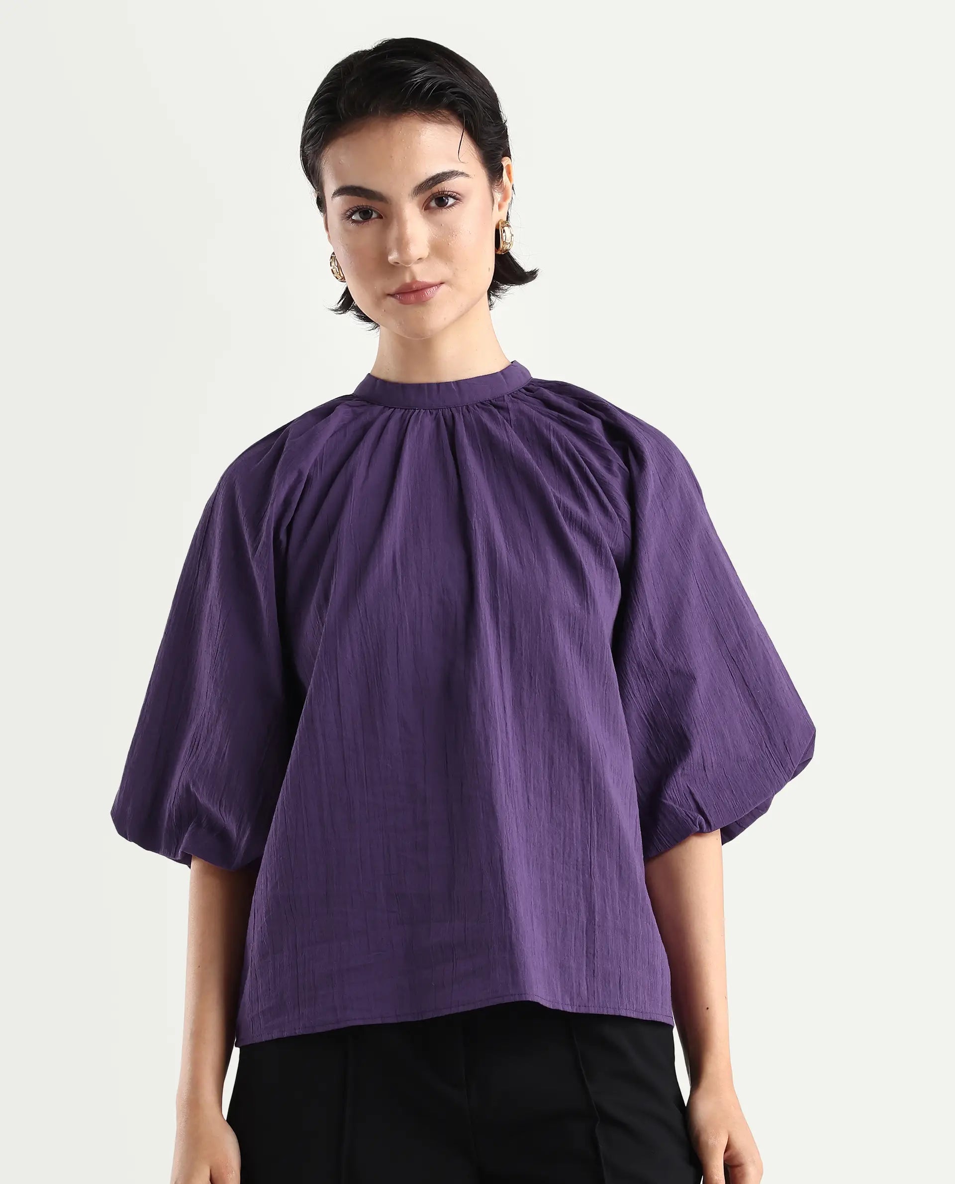 Rareism Women'S Nuxo Purple Nylon Blend Half Sleeve Mandarin Collar Relaxed Fit Top