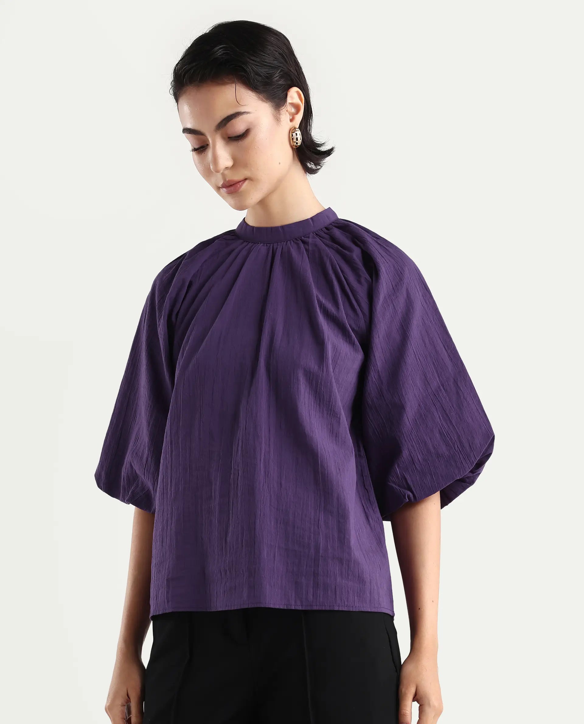 Rareism Women'S Nuxo Purple Nylon Blend Half Sleeve Mandarin Collar Relaxed Fit Top