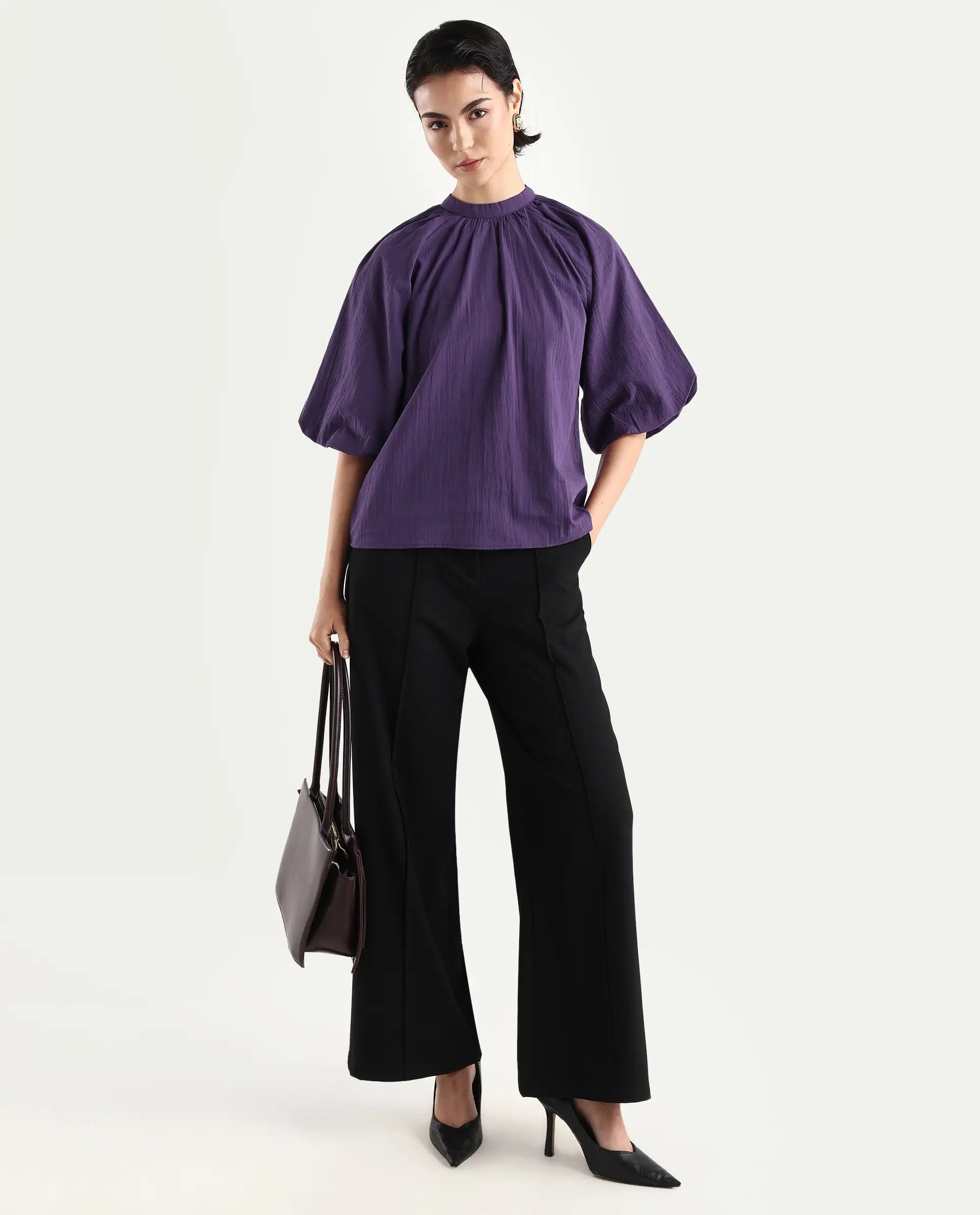 Rareism Women'S Nuxo Purple Nylon Blend Half Sleeve Mandarin Collar Relaxed Fit Top