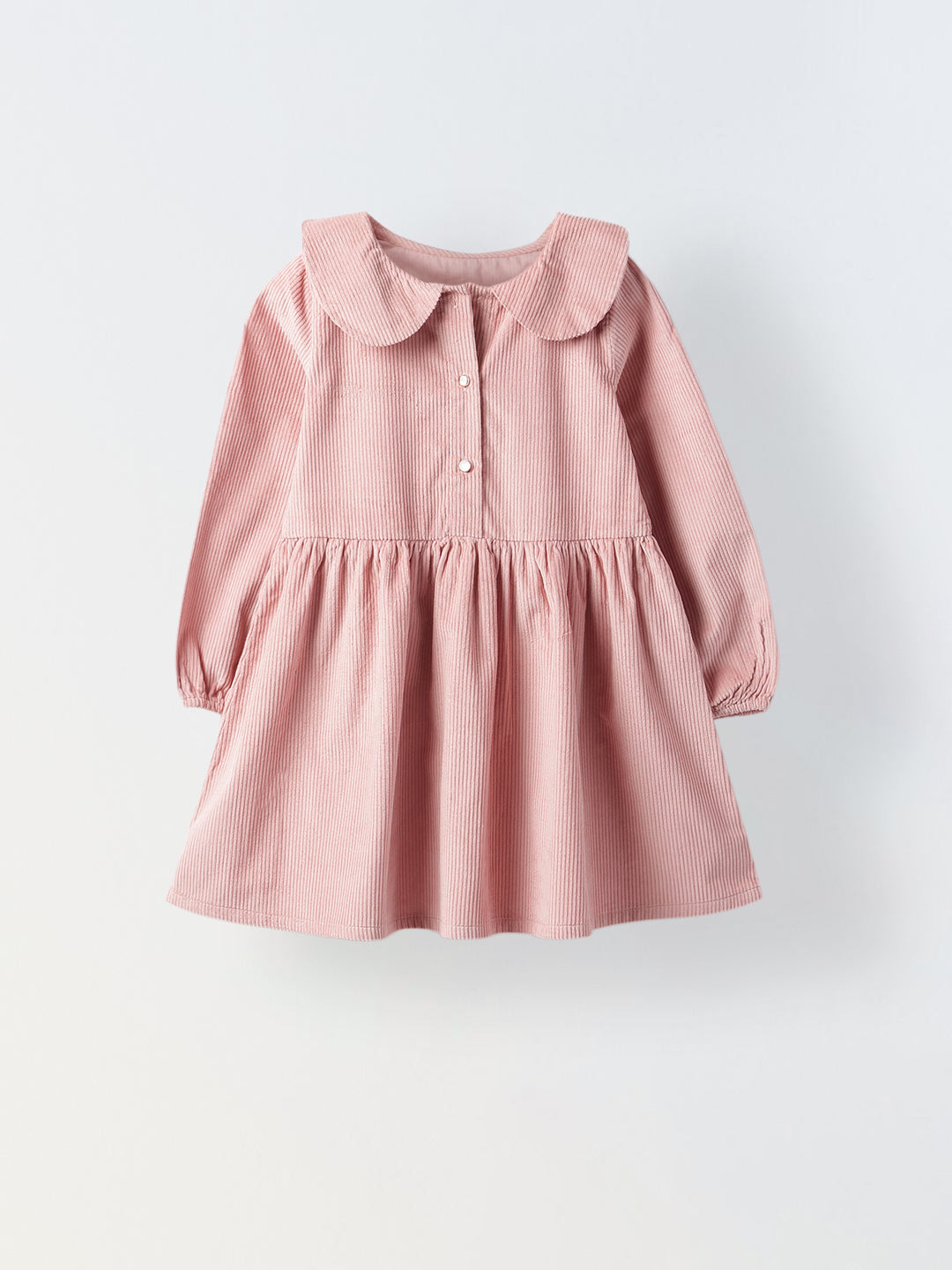 Girls Peach Collar Neck Corduroy Rib Solid Dress