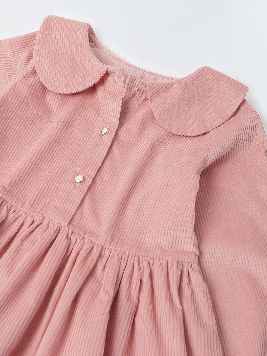 Girls Peach Collar Neck Corduroy Rib Solid Dress