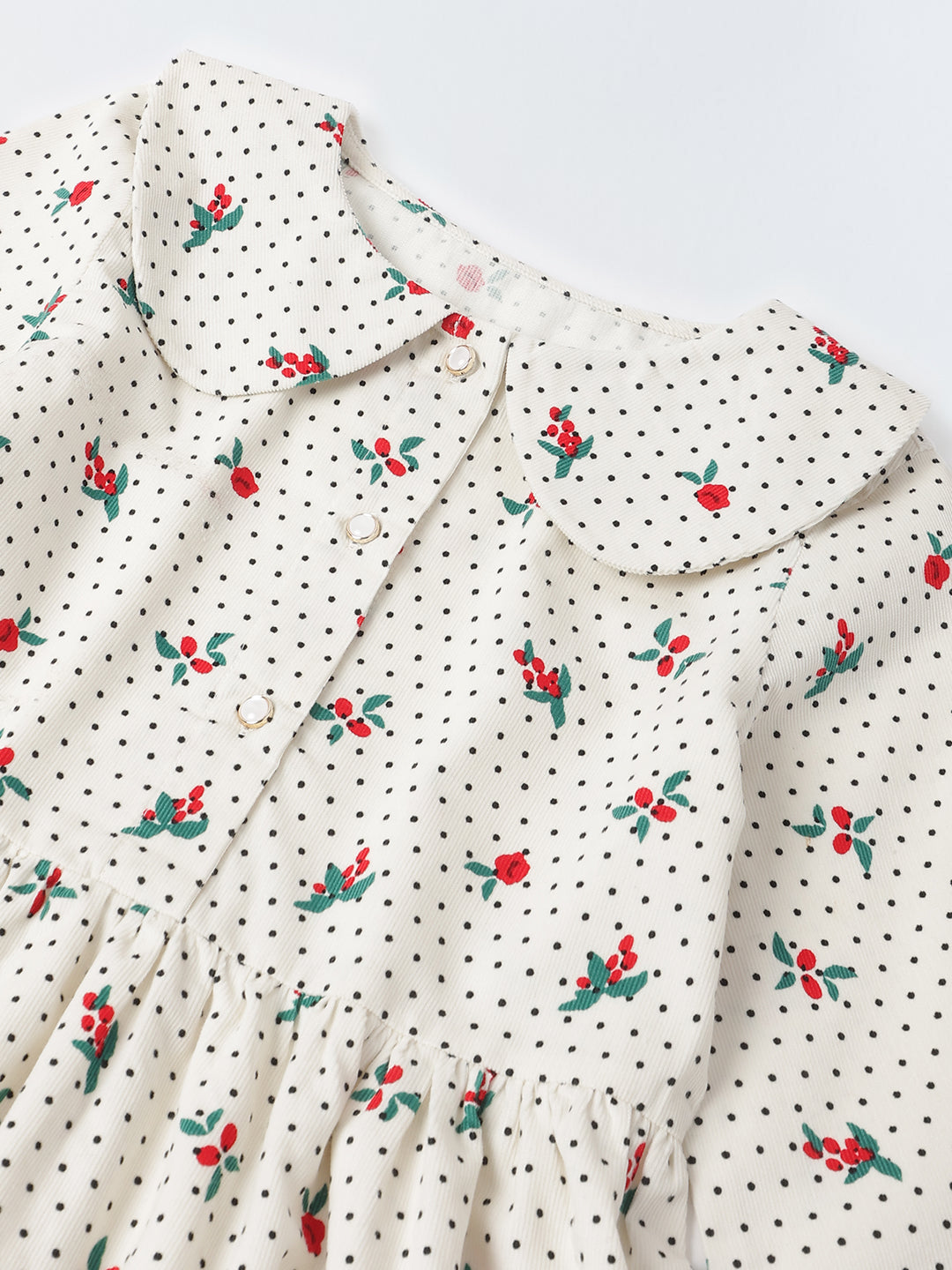 Girls White Collar Neck Corduroy Floral Print Dress