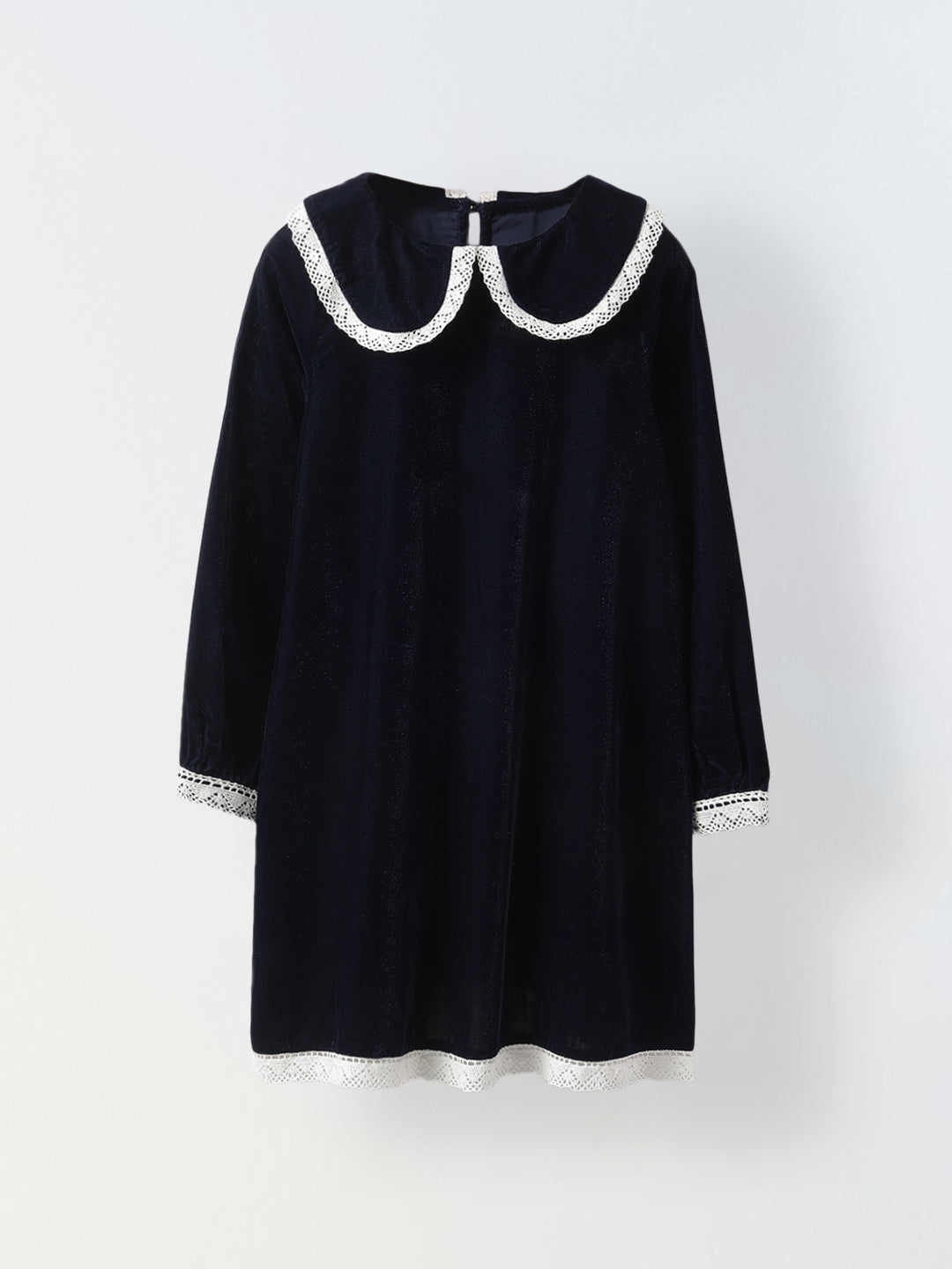 Girls Navy Velvet Party Dress with Lace Collar