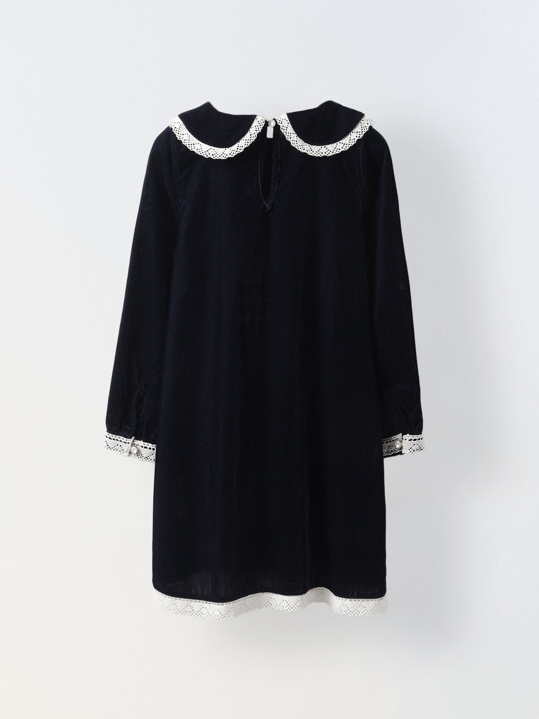 Girls Navy Velvet Party Dress with Lace Collar
