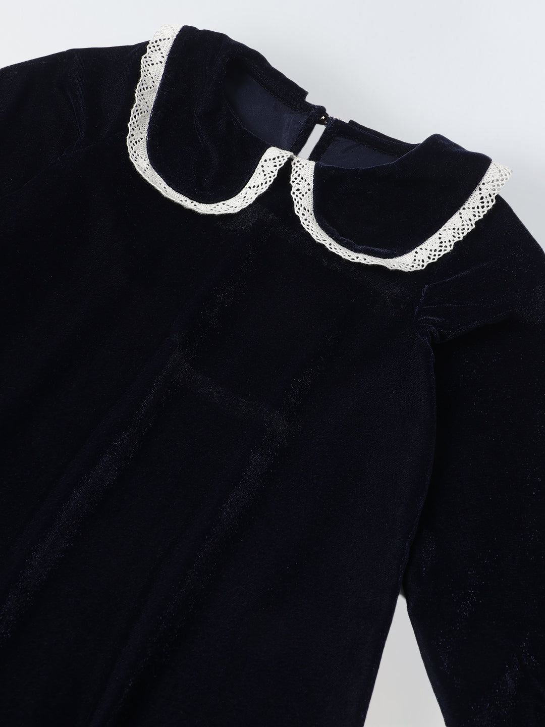 Girls Navy Velvet Party Dress with Lace Collar