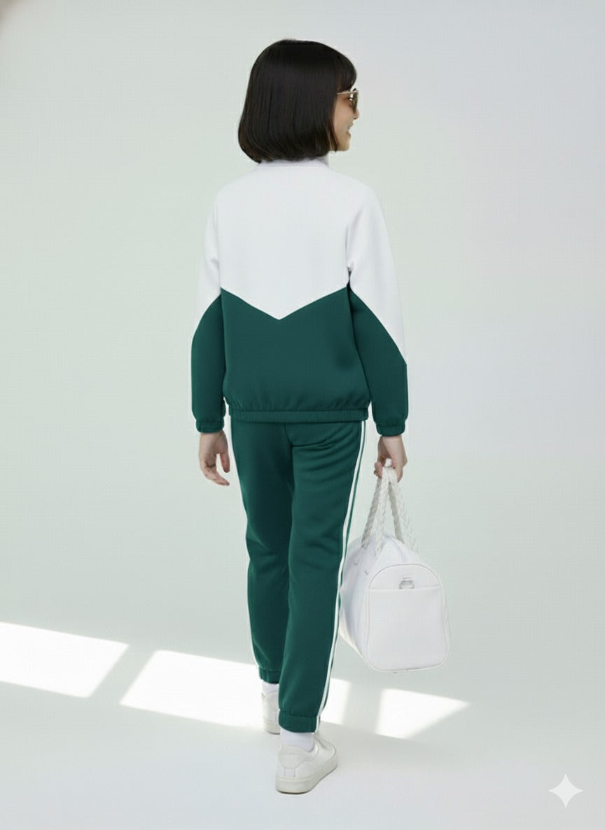 Girls Colorblock Green & White Sport Tracksuit Set