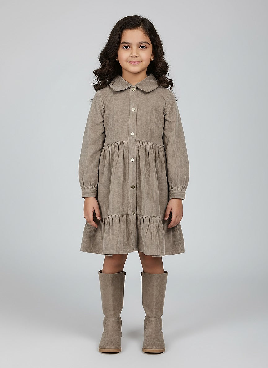 Girl's Beige Corduroy Full Sleeve Tiered Dress