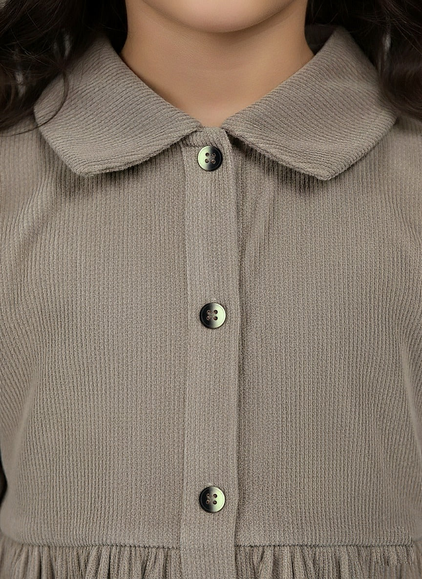 Girl's Beige Corduroy Full Sleeve Tiered Dress