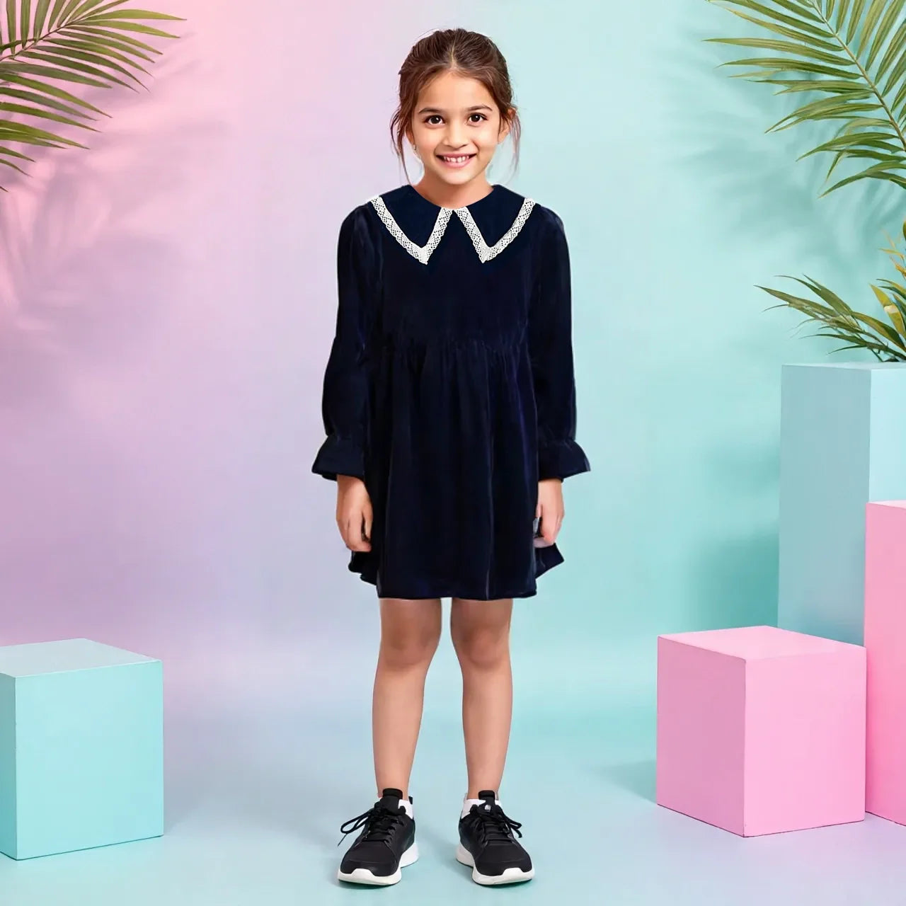 Girls Navy Velvet Party Dress with Lace Collar