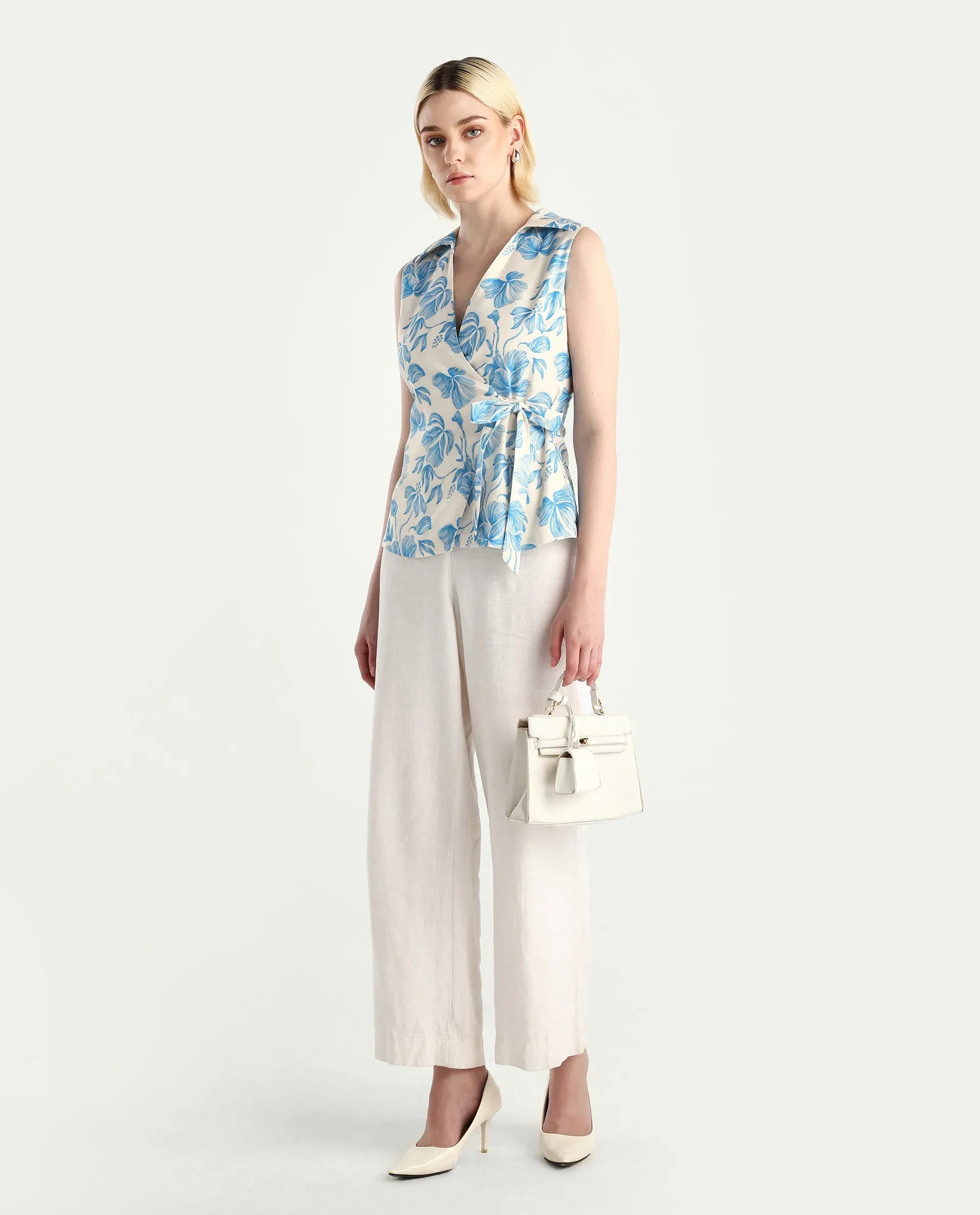 Rareism Women's Marlapi Blue Polyester Jonny Collar Fitted Top