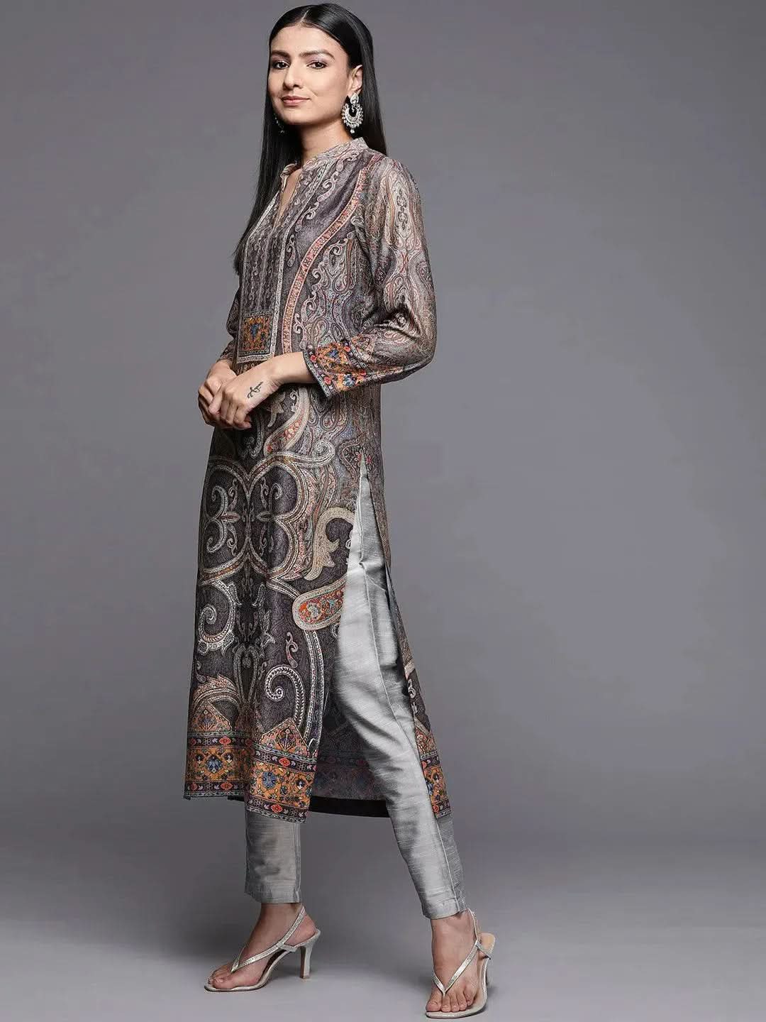 Multicoloured Printed Velvet Straight Kurta
