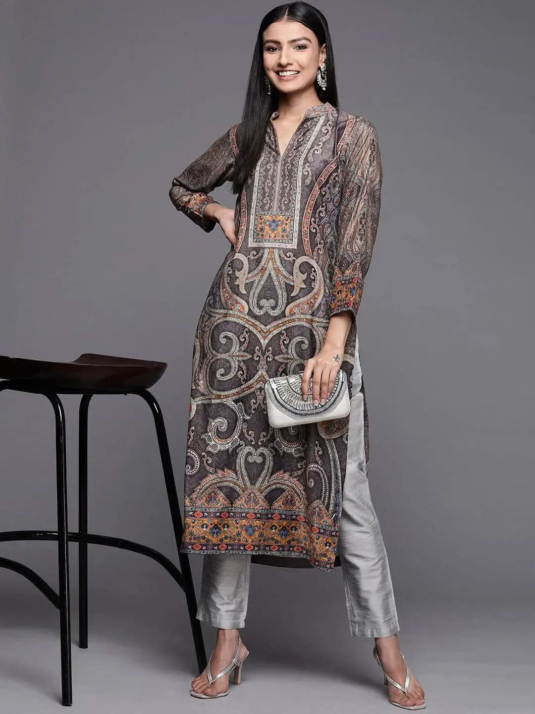 Multicoloured Printed Velvet Straight Kurta