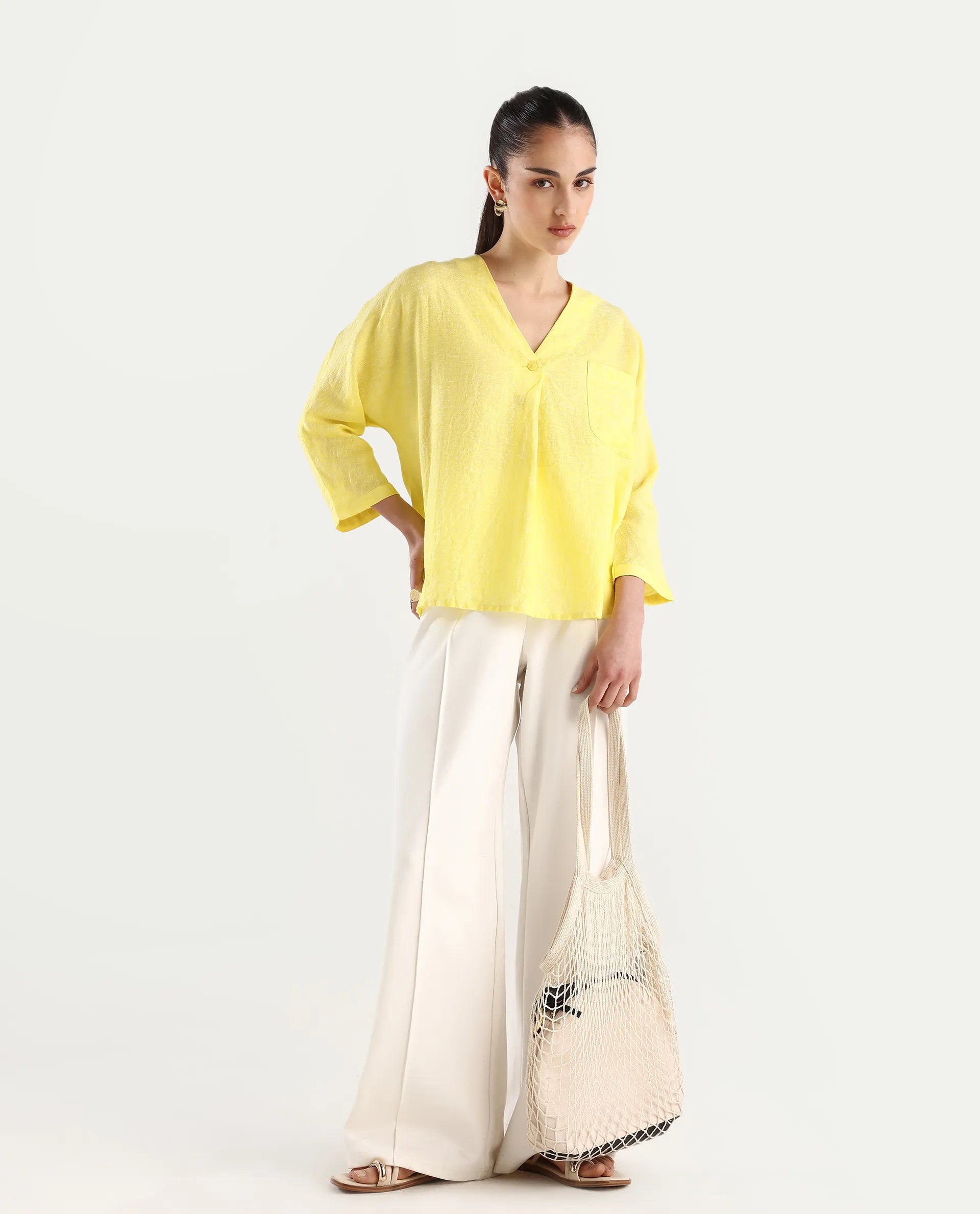 Rareism Women's Nenma Yellow Linen Kimono Sleeve V-Neck Plain Top
