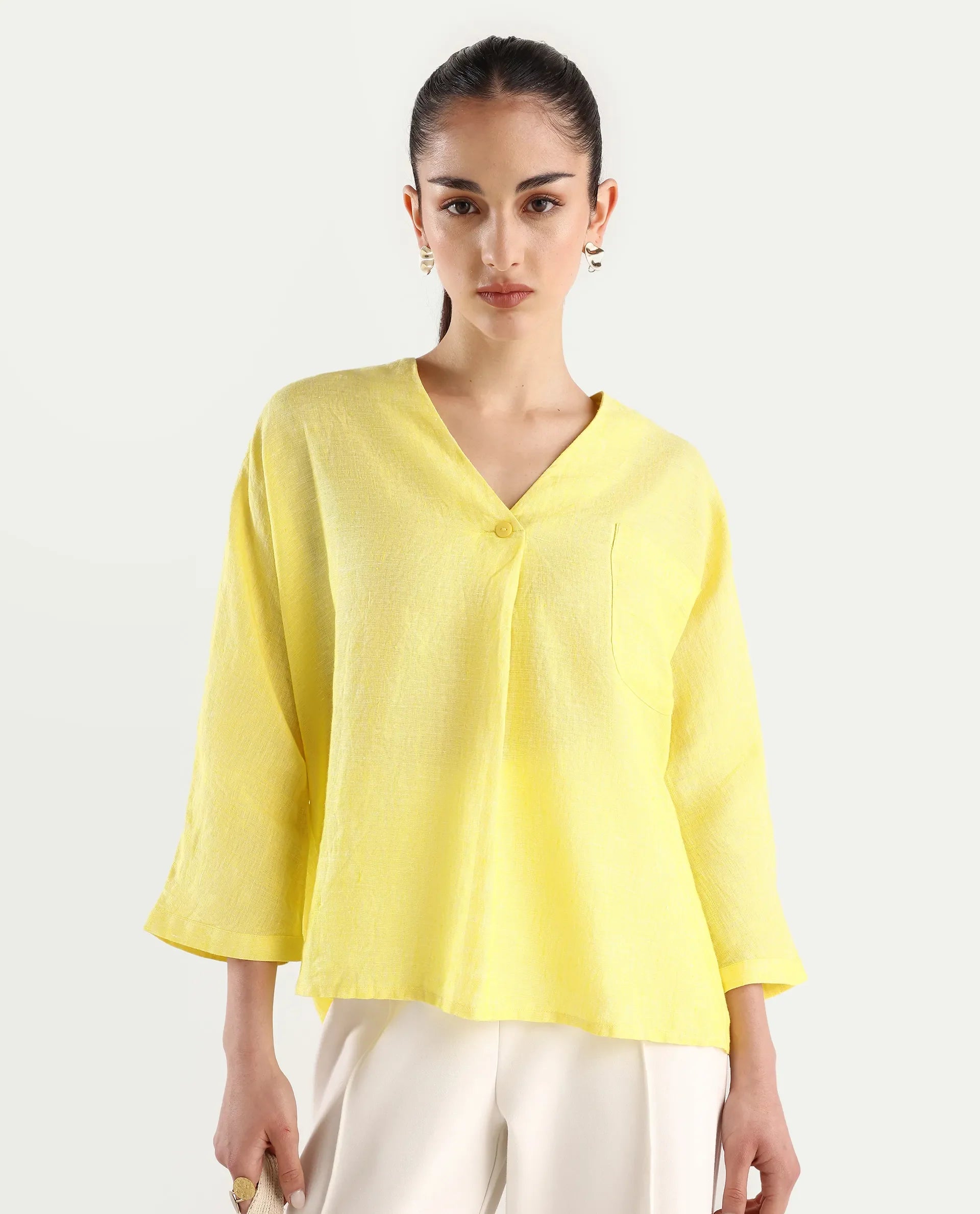 Rareism Women's Nenma Yellow Linen Kimono Sleeve V-Neck Plain Top