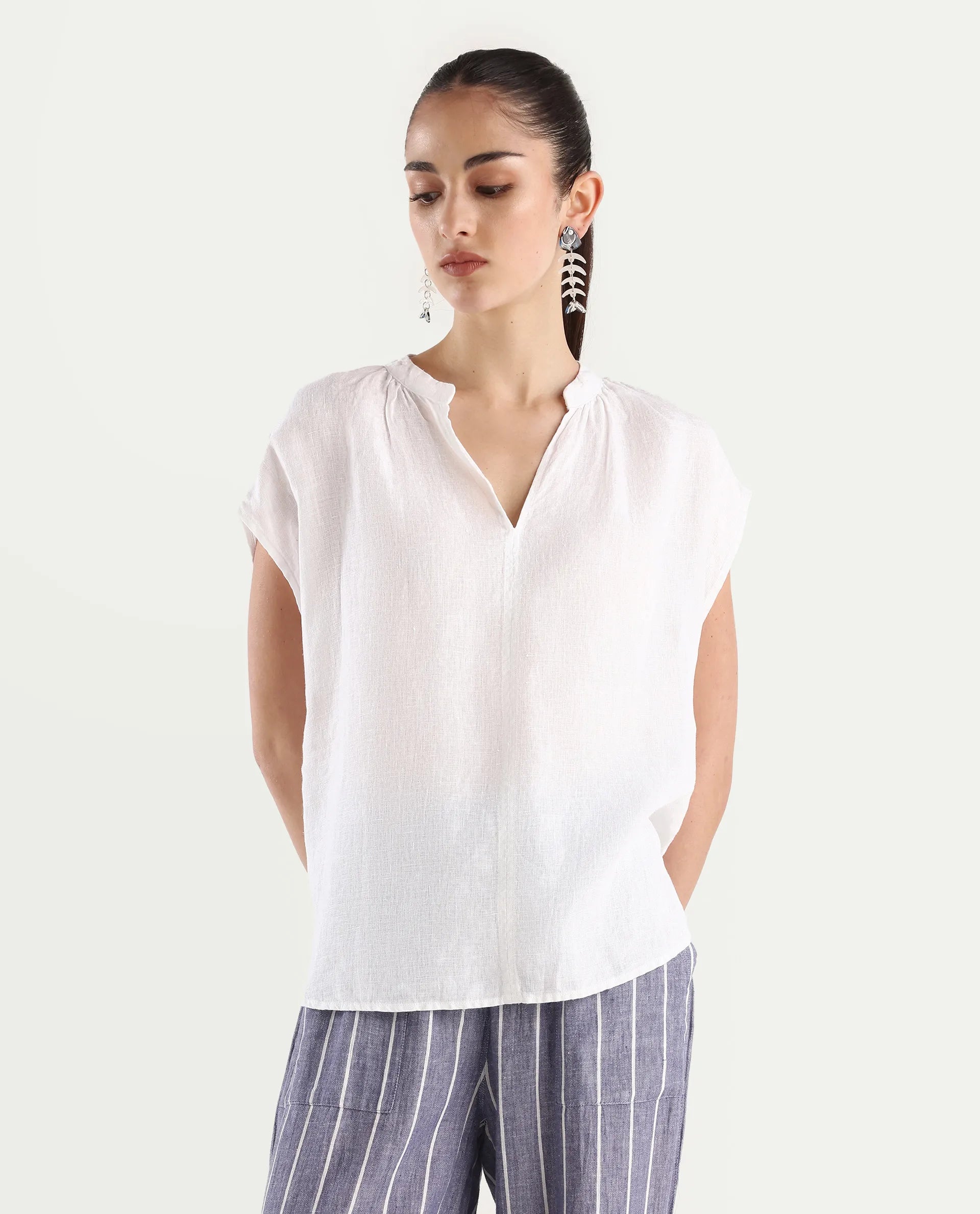 Rareism Women's Nenso White Linen Extended Sleeves Mandarin Collar Relaxed Fit Plain Top