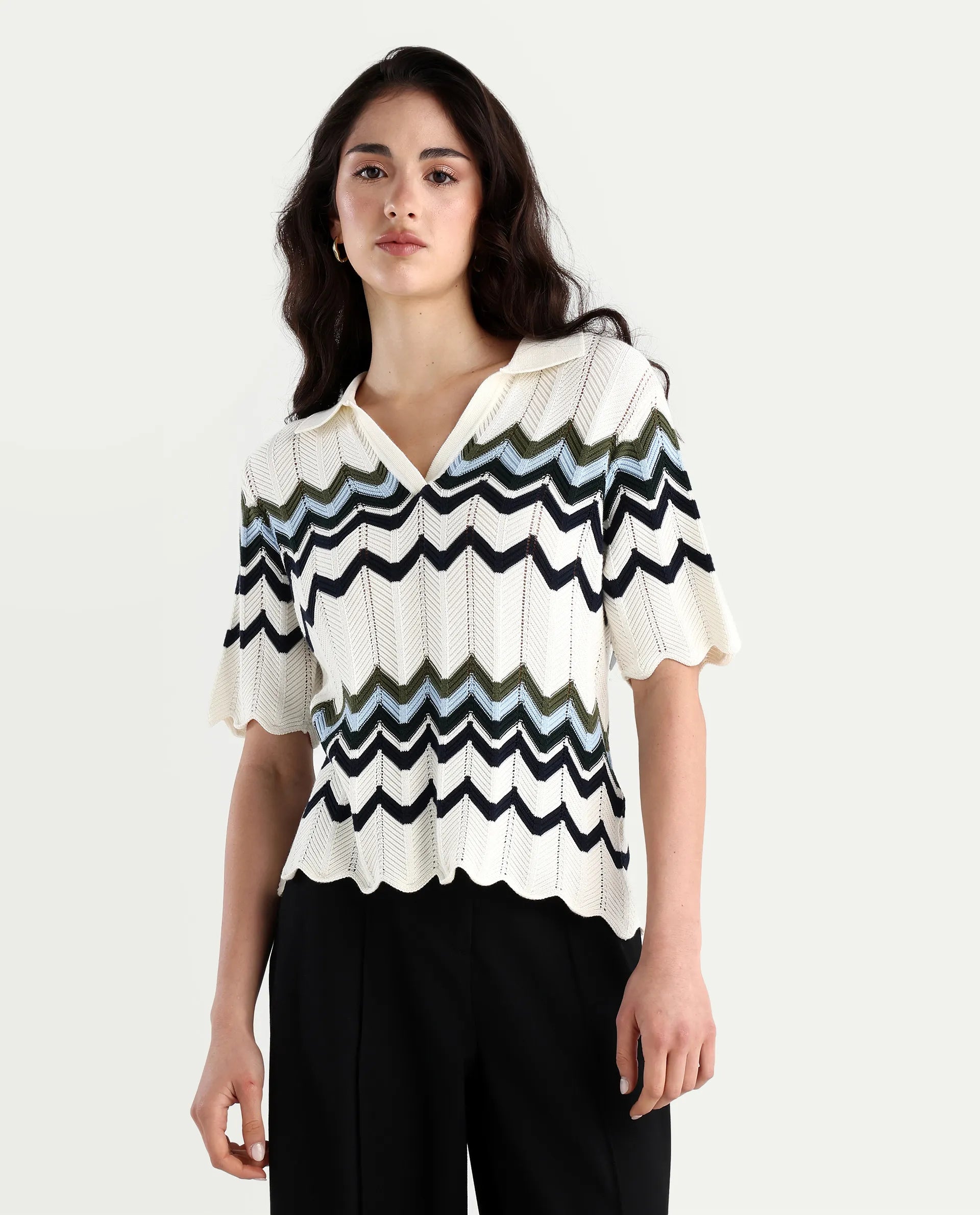 Rareism Women's Nuplo-R Off-White Cotton Full Sleeve Striped Top