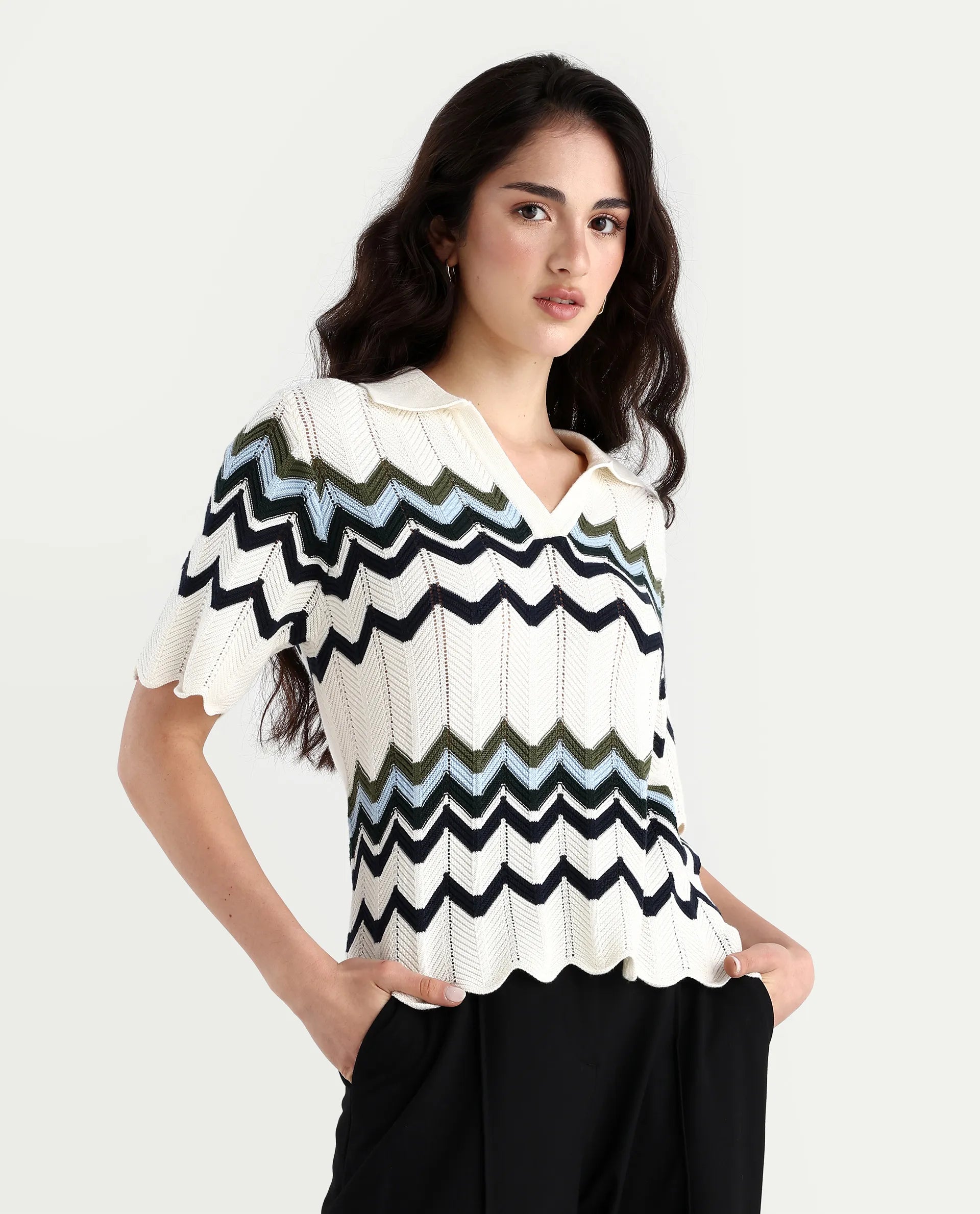 Rareism Women's Nuplo-R Off-White Cotton Full Sleeve Striped Top