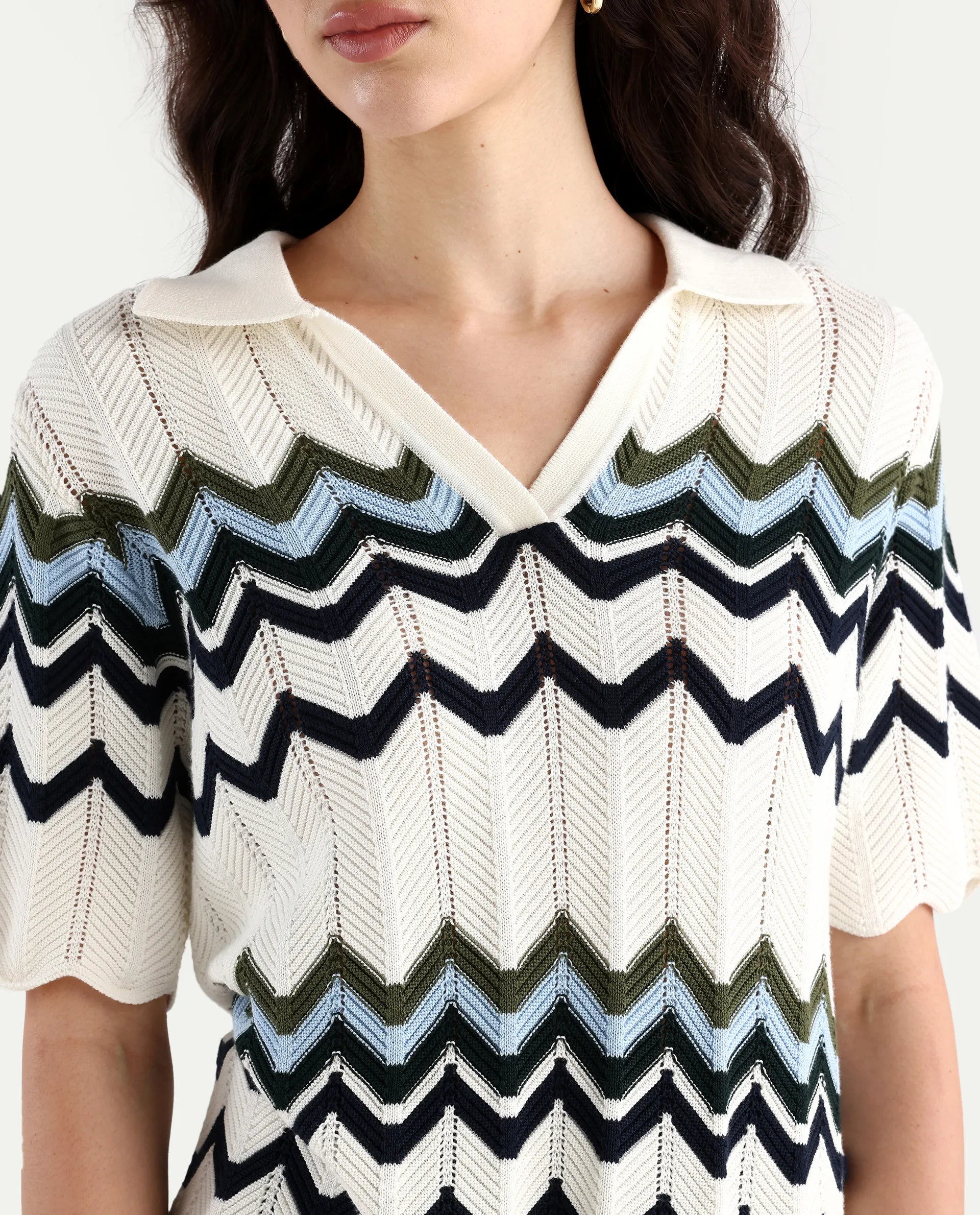 Rareism Women's Nuplo-R Off-White Cotton Full Sleeve Striped Top